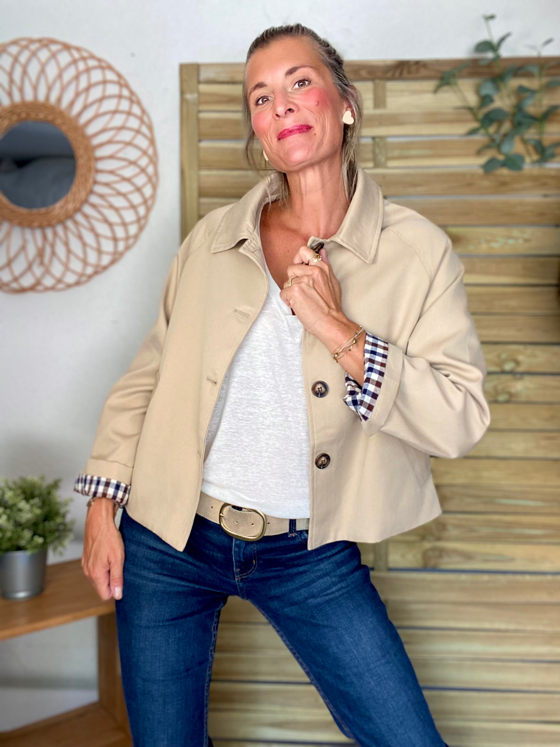 Veste Trench en coton beige avec vichy - YSEULT