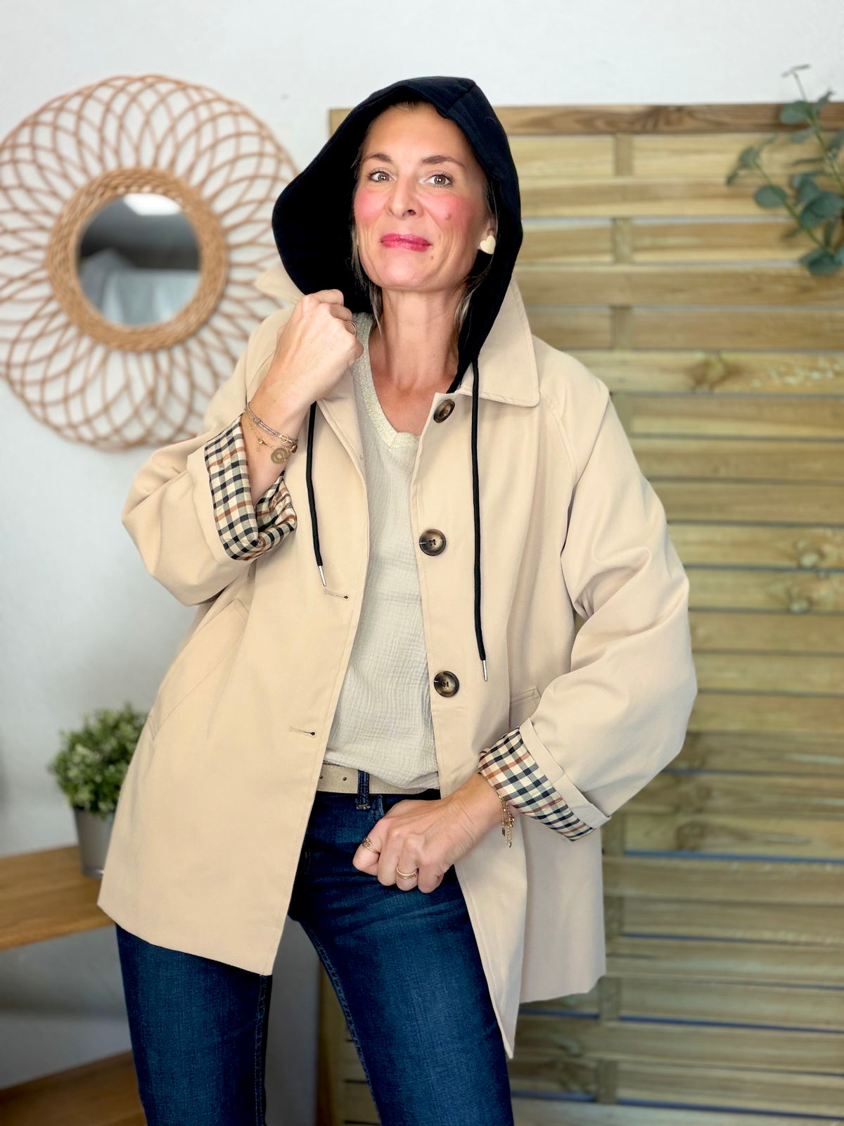 ⚡️ ARRIVAGE • Veste Trench avec capuche amovible, doublure à carreaux GAËLLE Beige