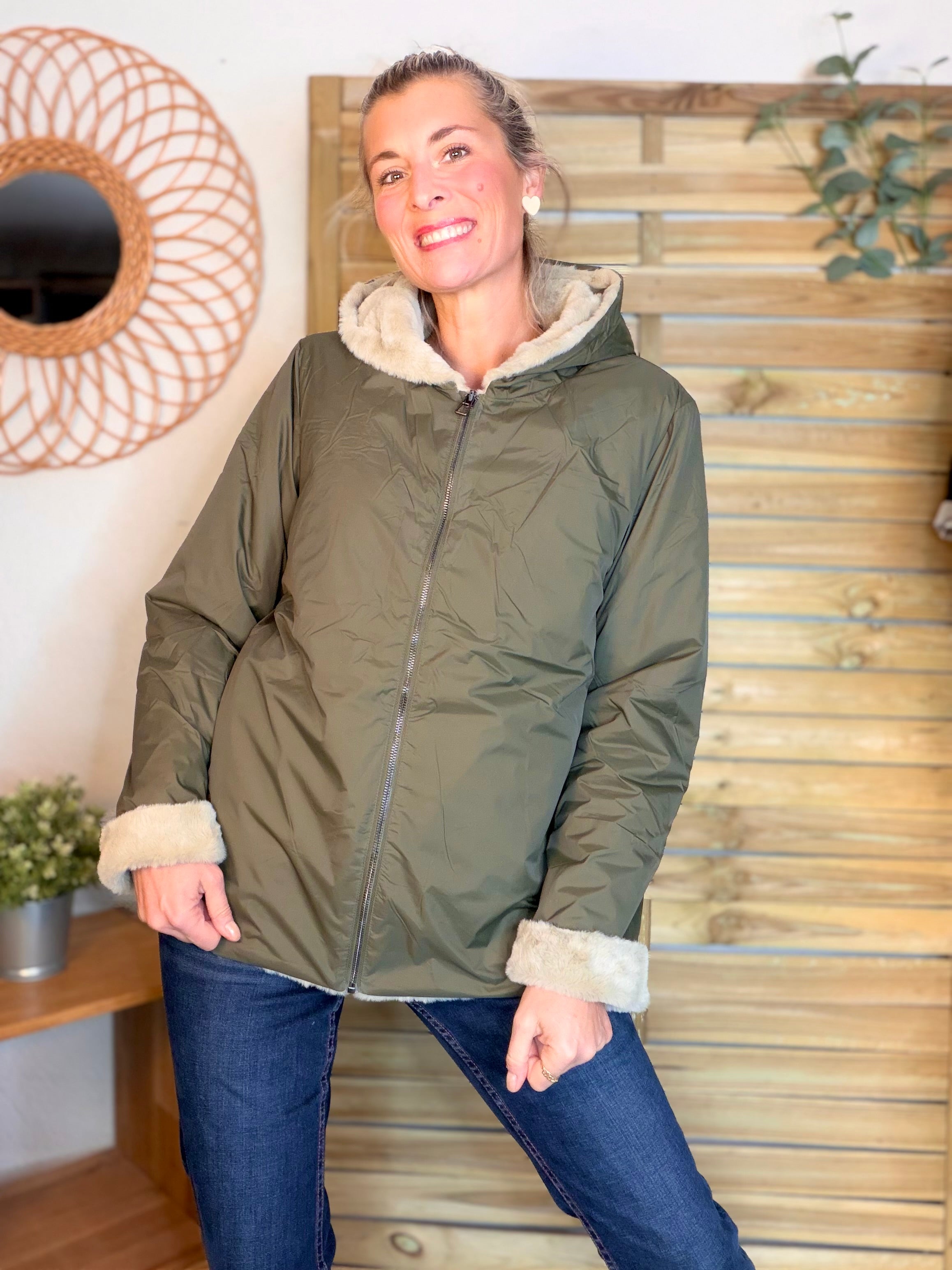 Parka Imperméable réversible fourrée Kaki / Beige ALIX Court - LAURA JO