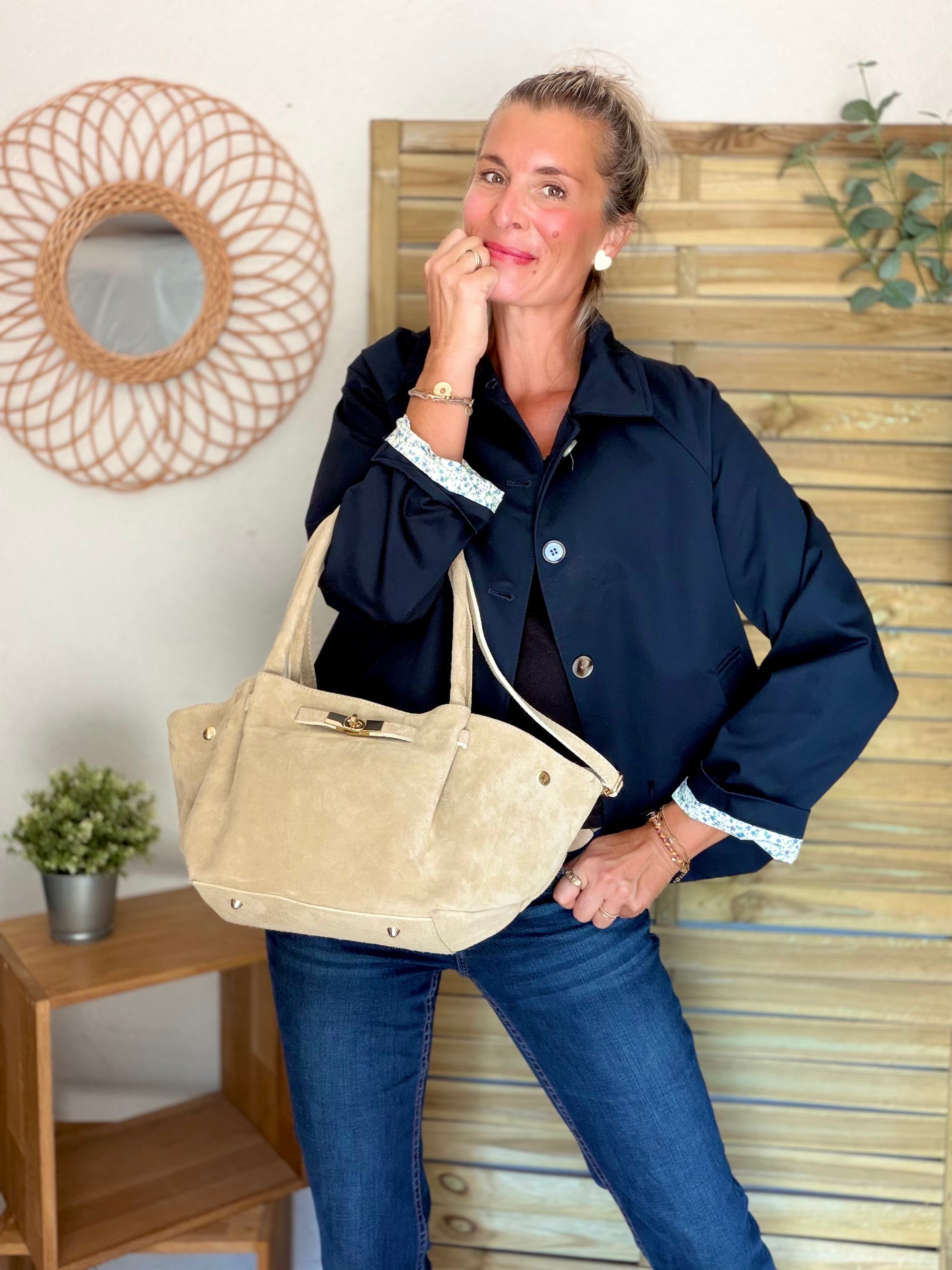 Sac cabas en cuir daim HANA - Beige