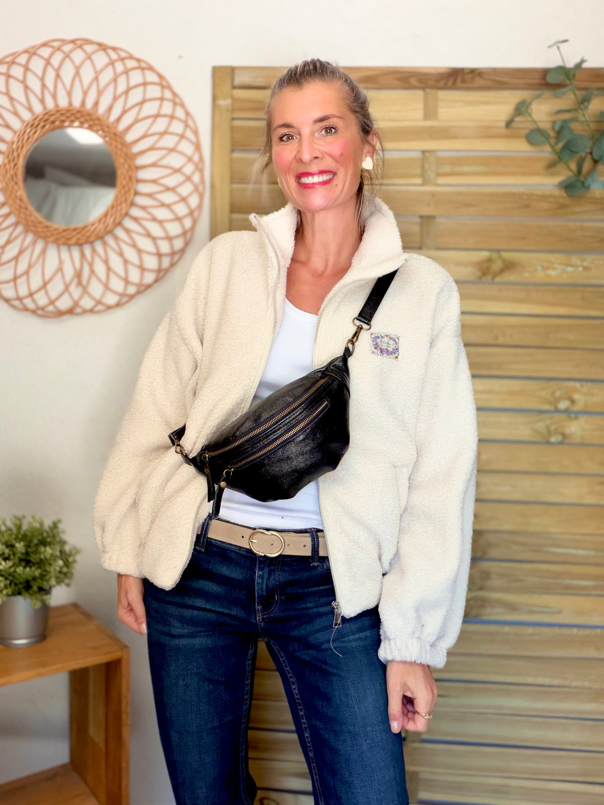 Sac banane en cuir irisé double poche - OPALE - Noir / Laiton