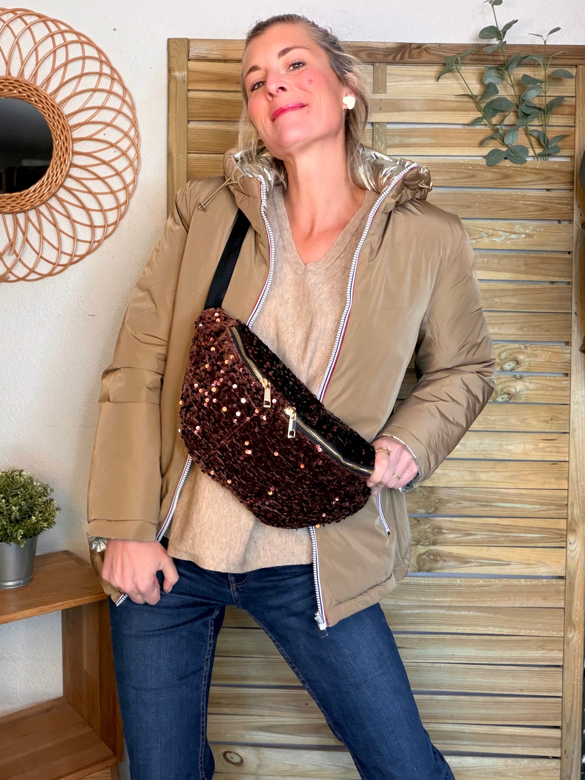 ⚡️ PÉPITES FRIDAY - Sac banane XL velours à sequins BRANDY - Chocolat