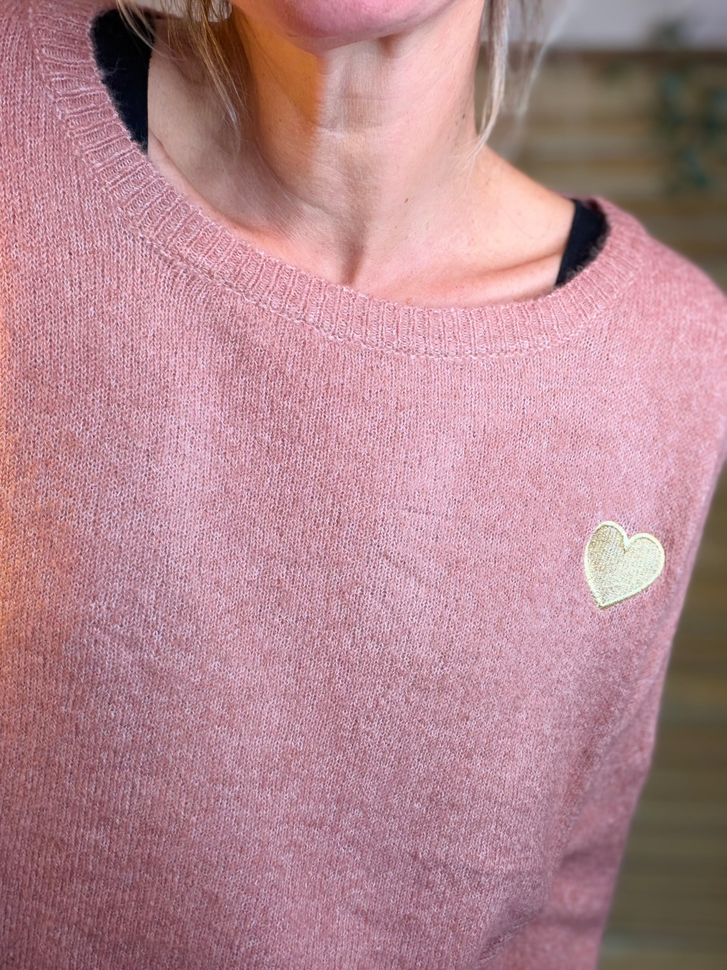 Pull léger en maille cœur doré brodé 💛 MELISSA - Vieux rose