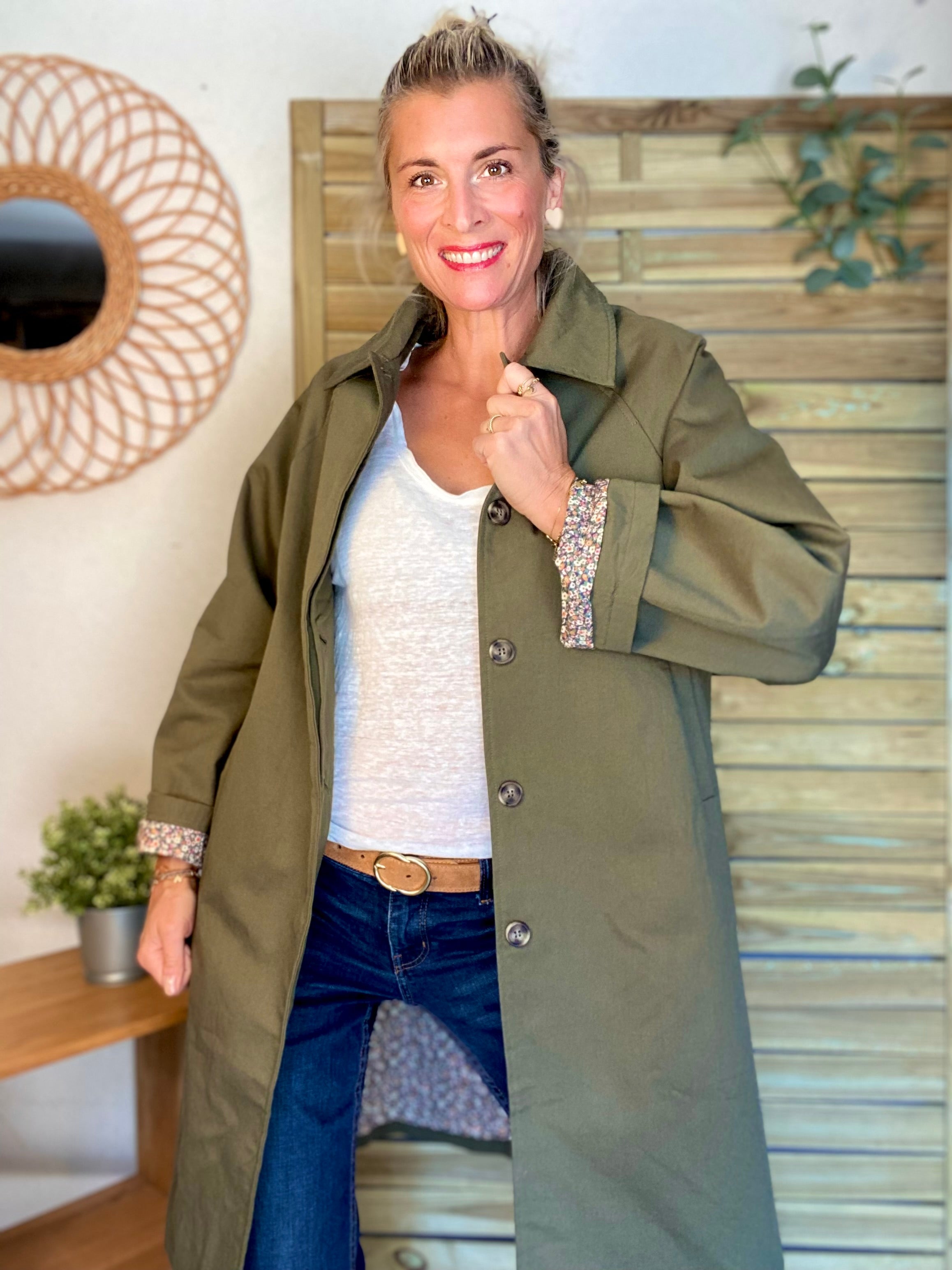 Veste Trench en coton kaki avec Liberty - MAHAUT LONG