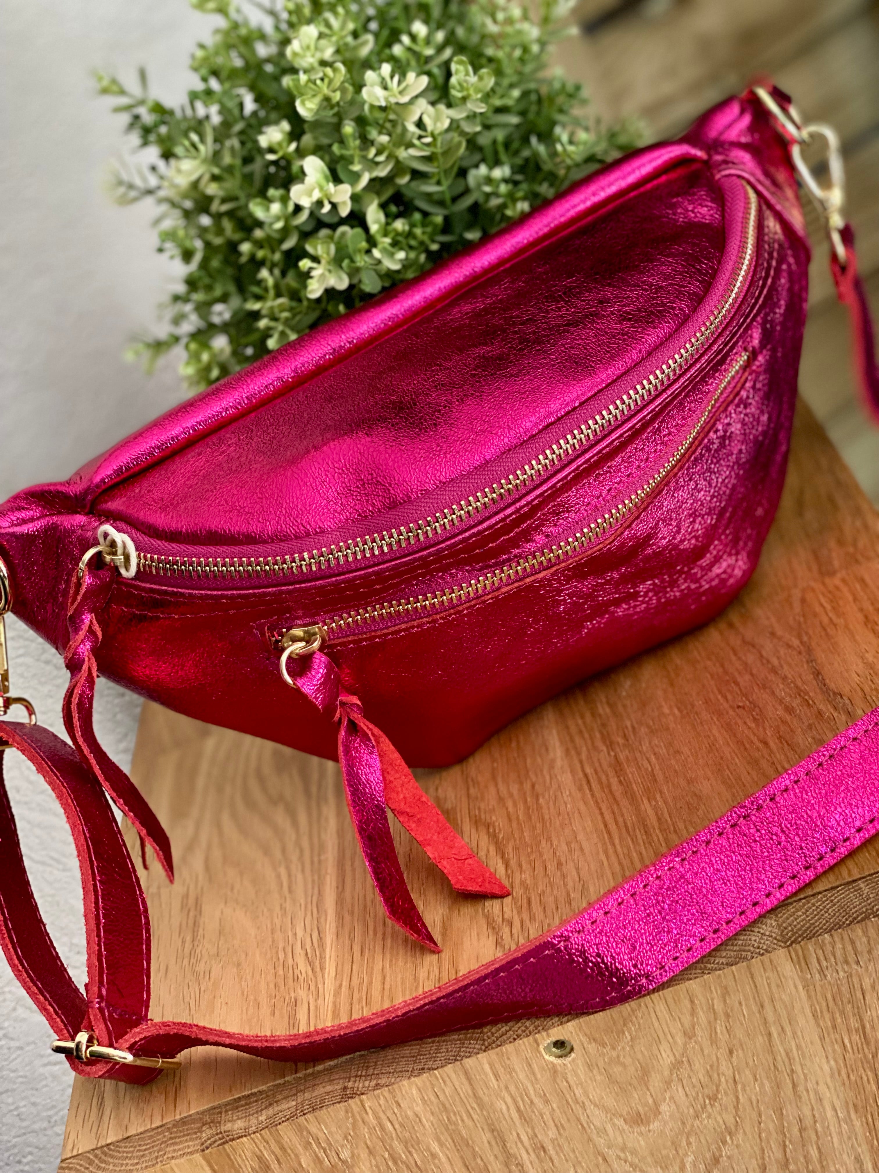 Sac banane en cuir irisé double poche - OPALE - Fuschia