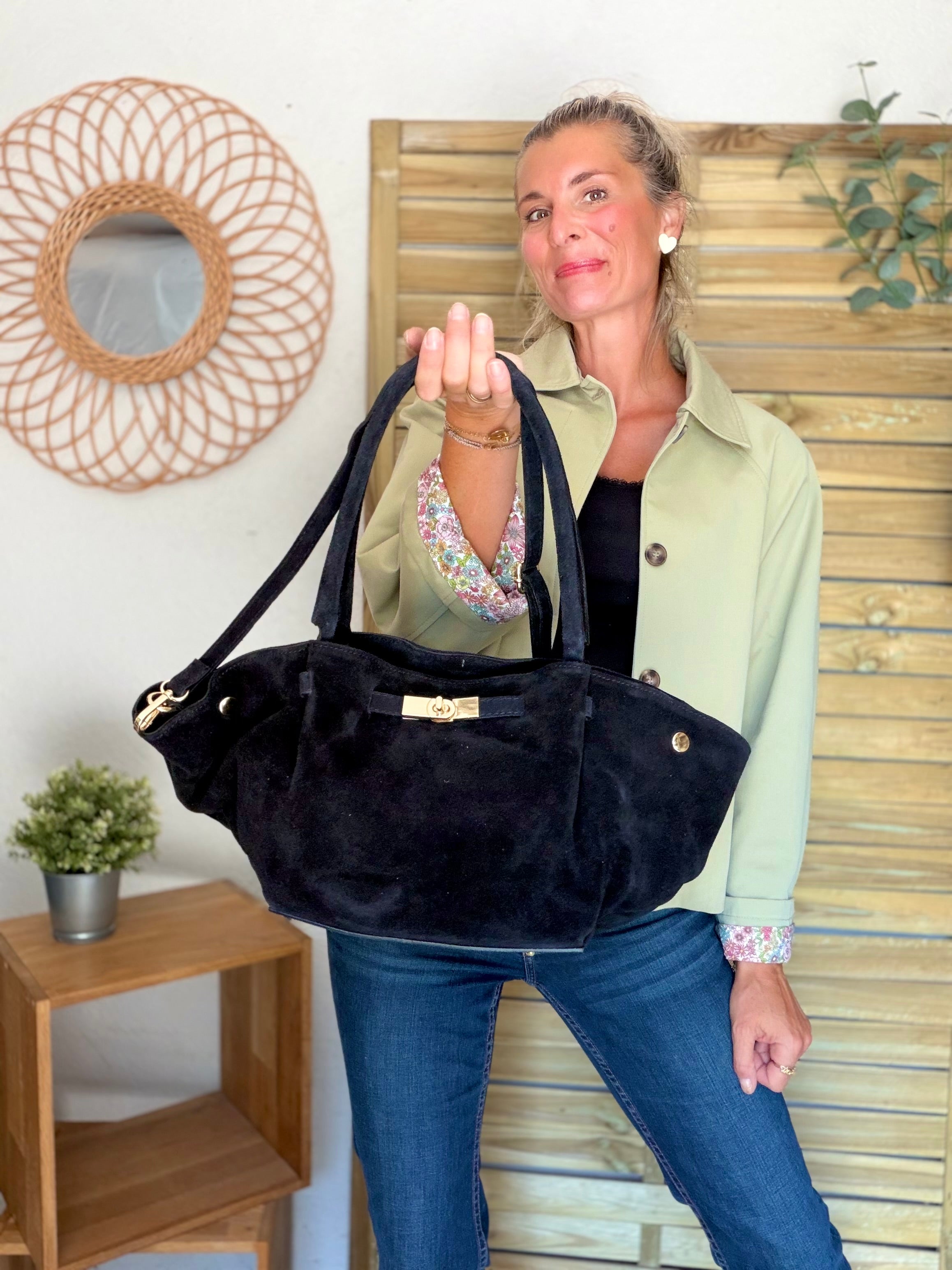 Sac cabas en cuir daim HANA - Noir