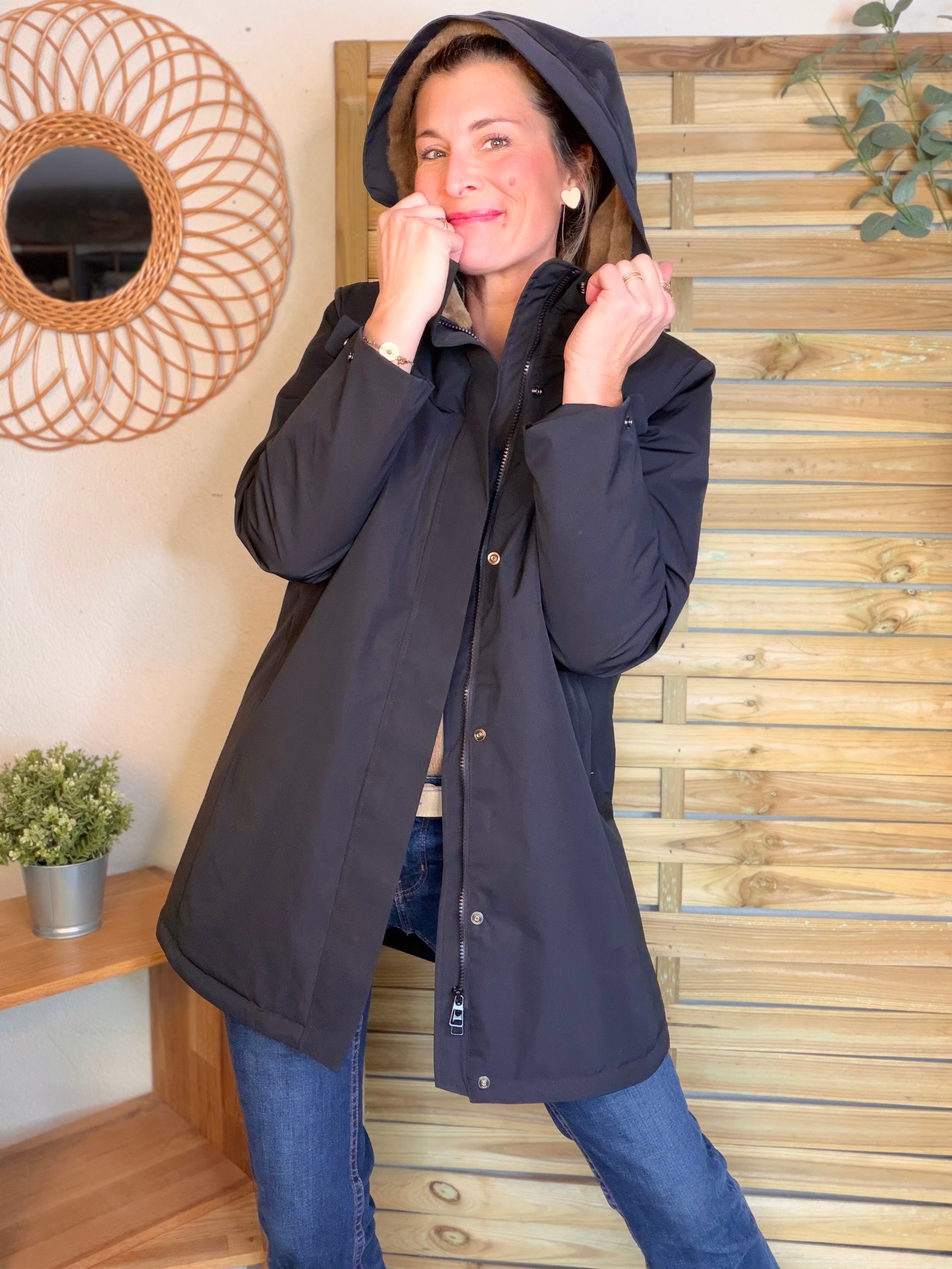 Parka fourrée imperméable AMBRE - Noir / Camel - LAURA JO