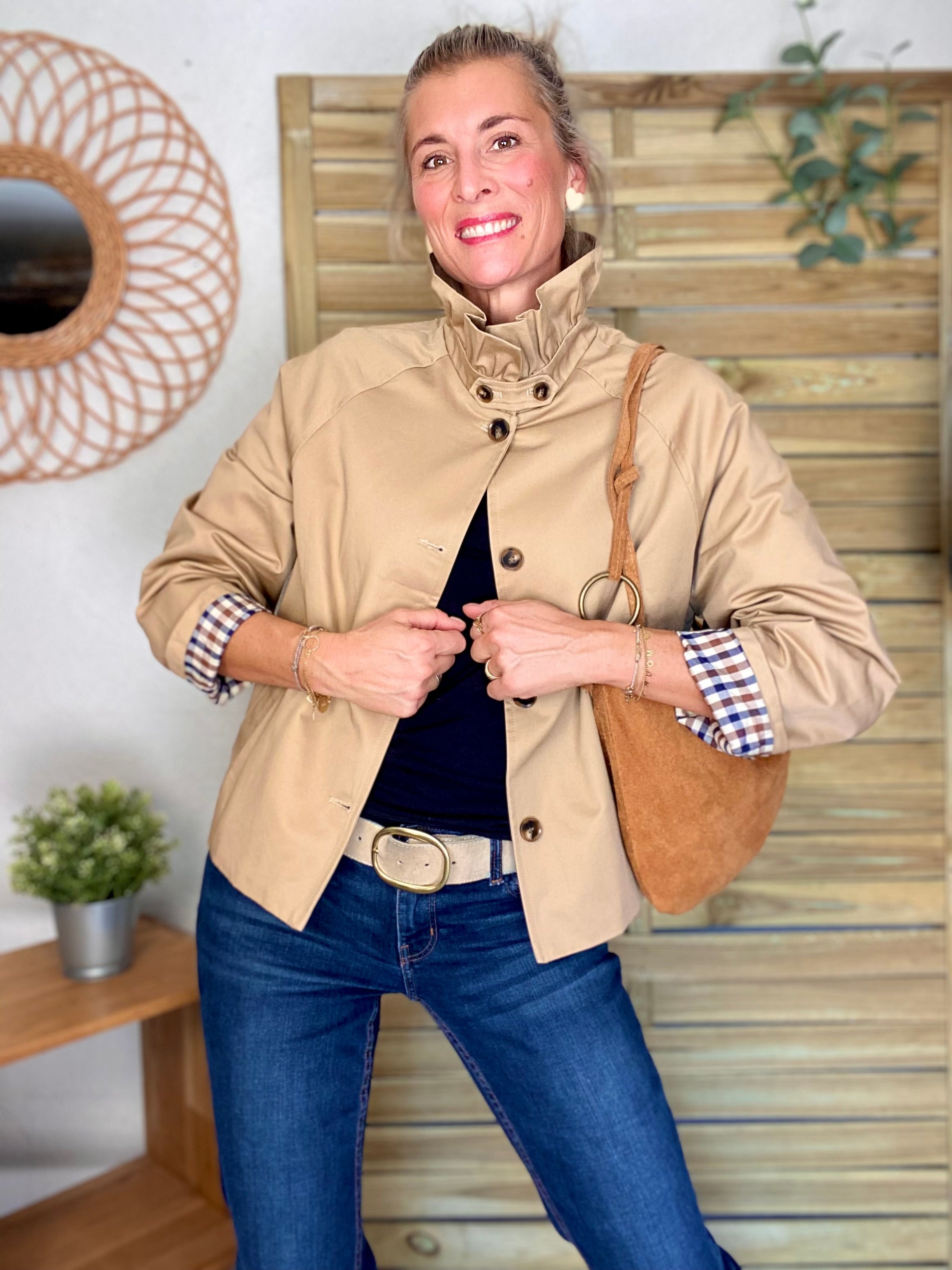 Veste Trench col victorien avec vichy - VICKY Beige