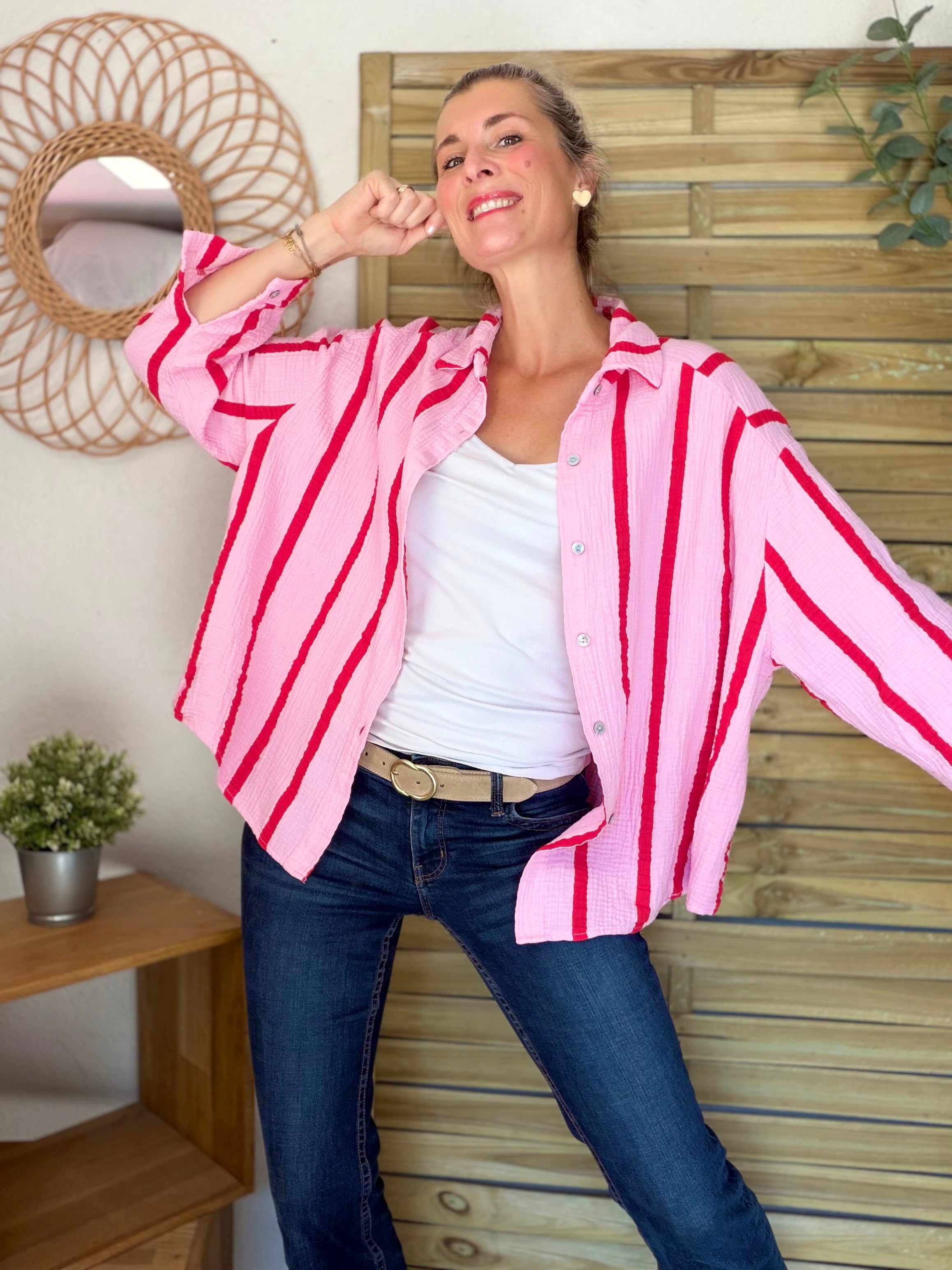 Chemise en gaze de coton rayé FÉLICIE Rose rouge