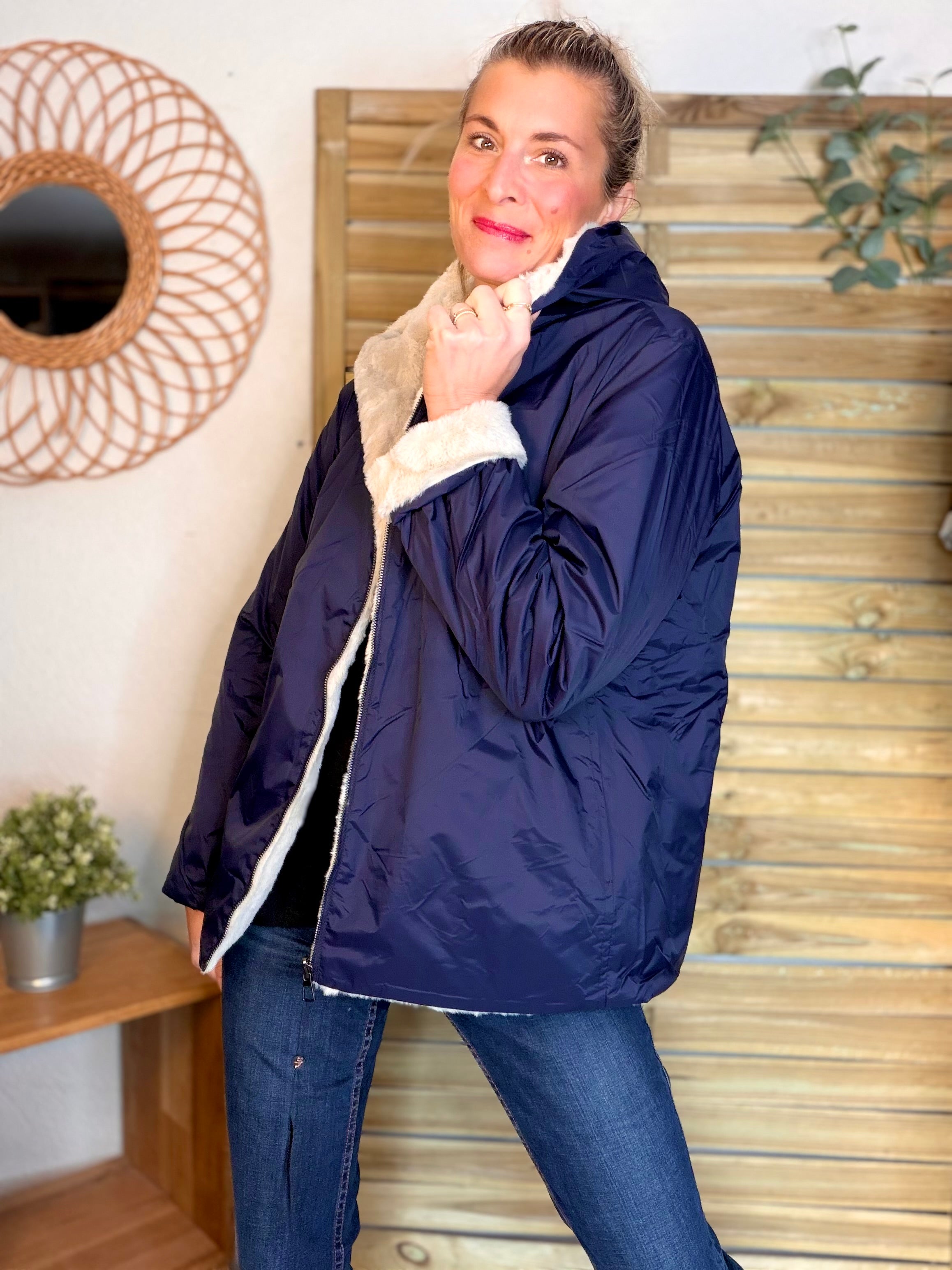 Parka Imperméable réversible fourrée Marine / Beige ALIX Court - LAURA JO