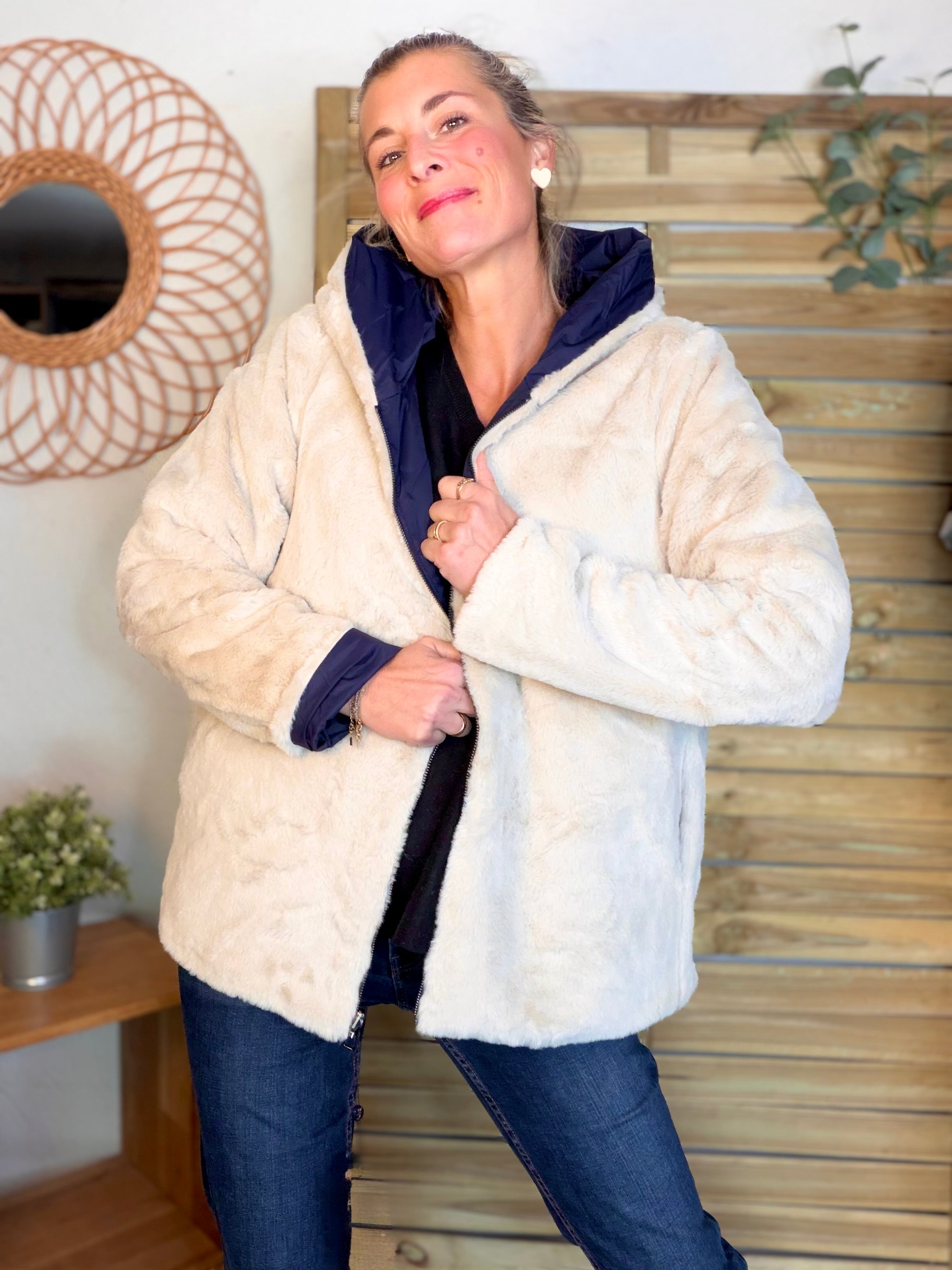 Parka Imperméable réversible fourrée Marine / Beige ALIX Court - LAURA JO