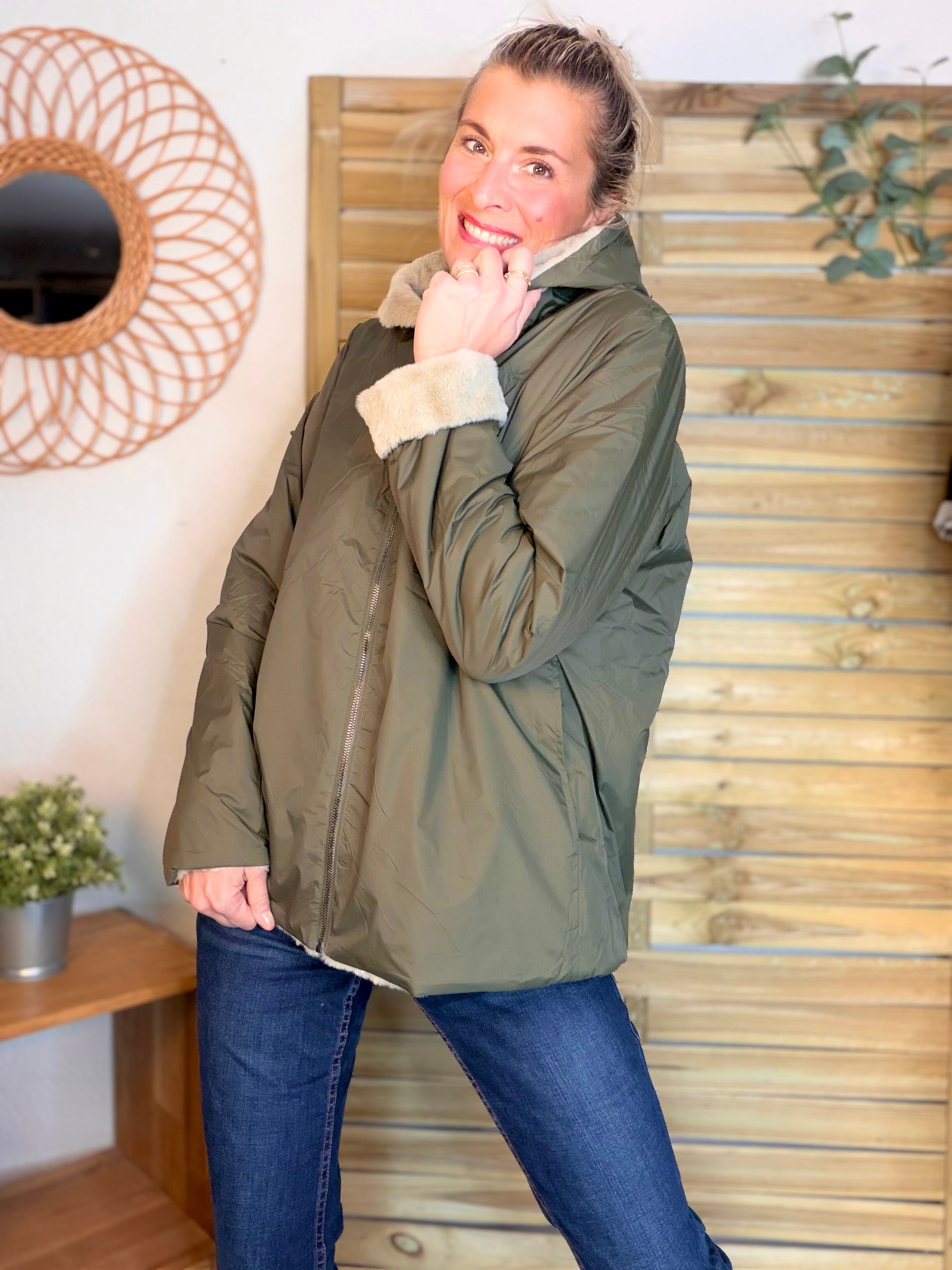 Parka Imperméable réversible fourrée Kaki / Beige ALIX Court - LAURA JO