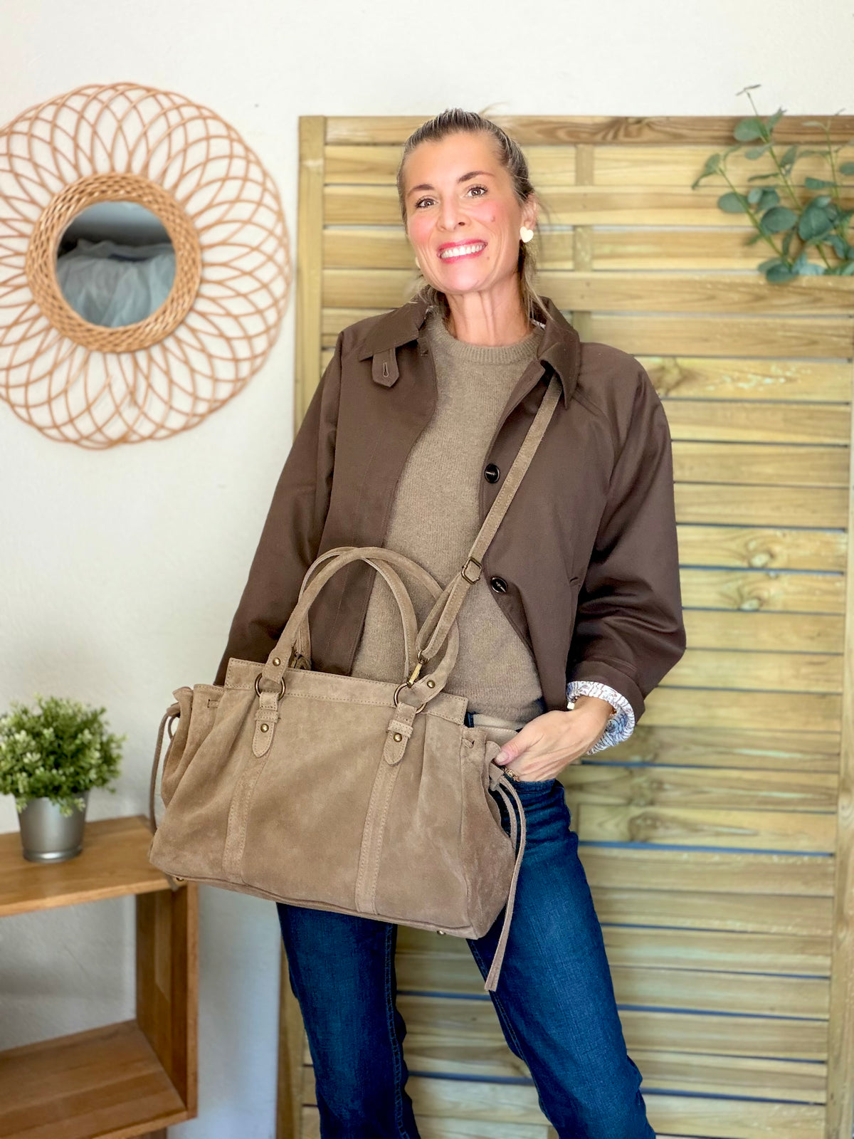 Sac cabas XL en cuir daim • PARKER Taupe