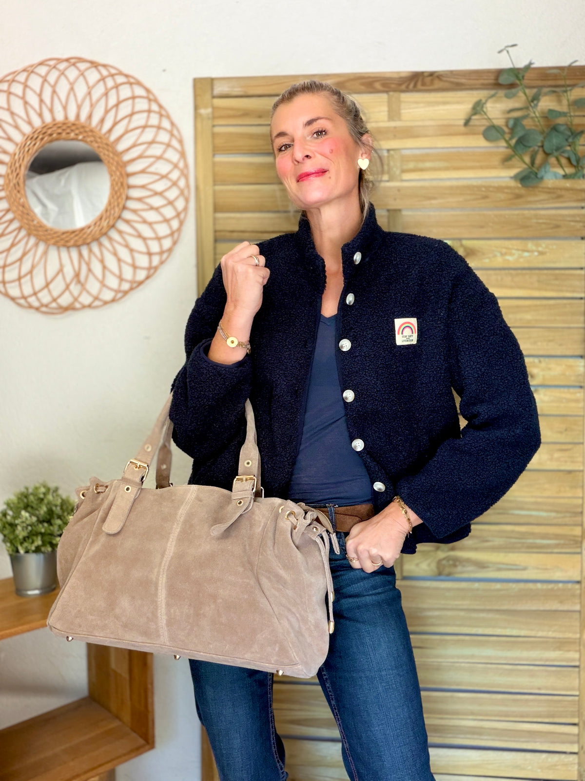 Veste Sherpa boutonnée écusson Arc-en-ciel ÉNORA Bleu marine