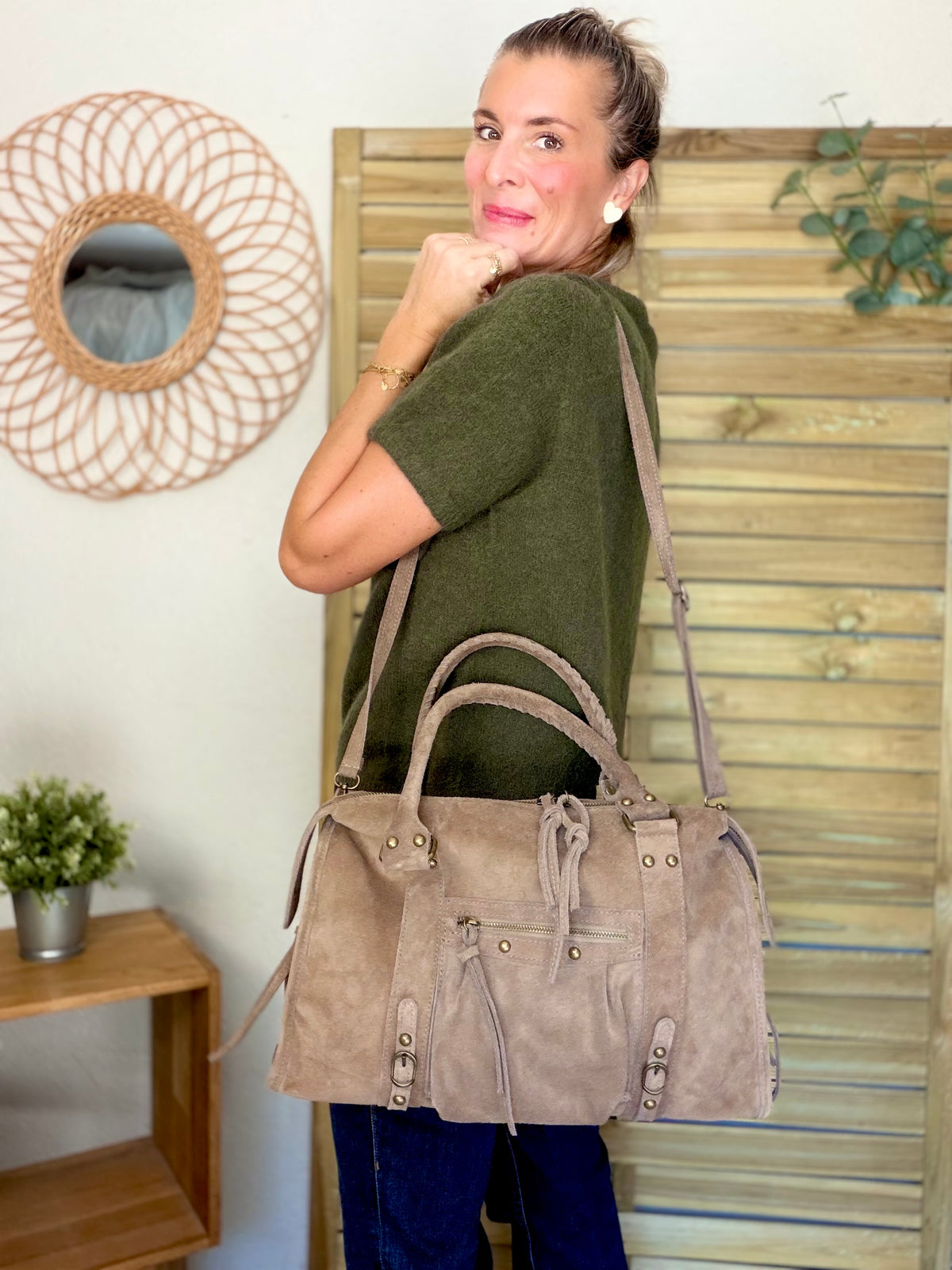 Sac cabas XL en cuir daim • HUNTER Taupe