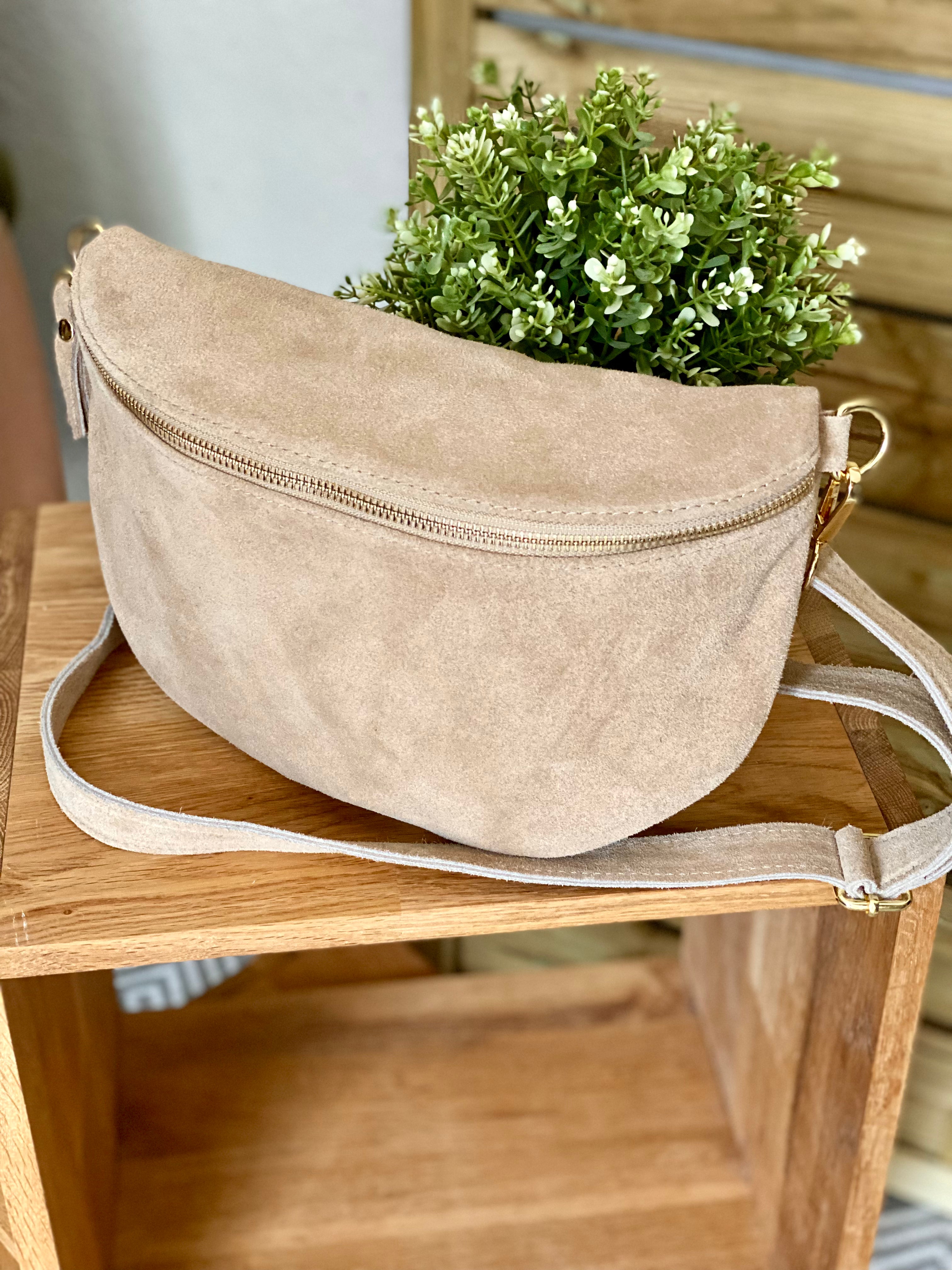 Sac banane XL en cuir velours 30cm JUDY - Beige (7 coloris)