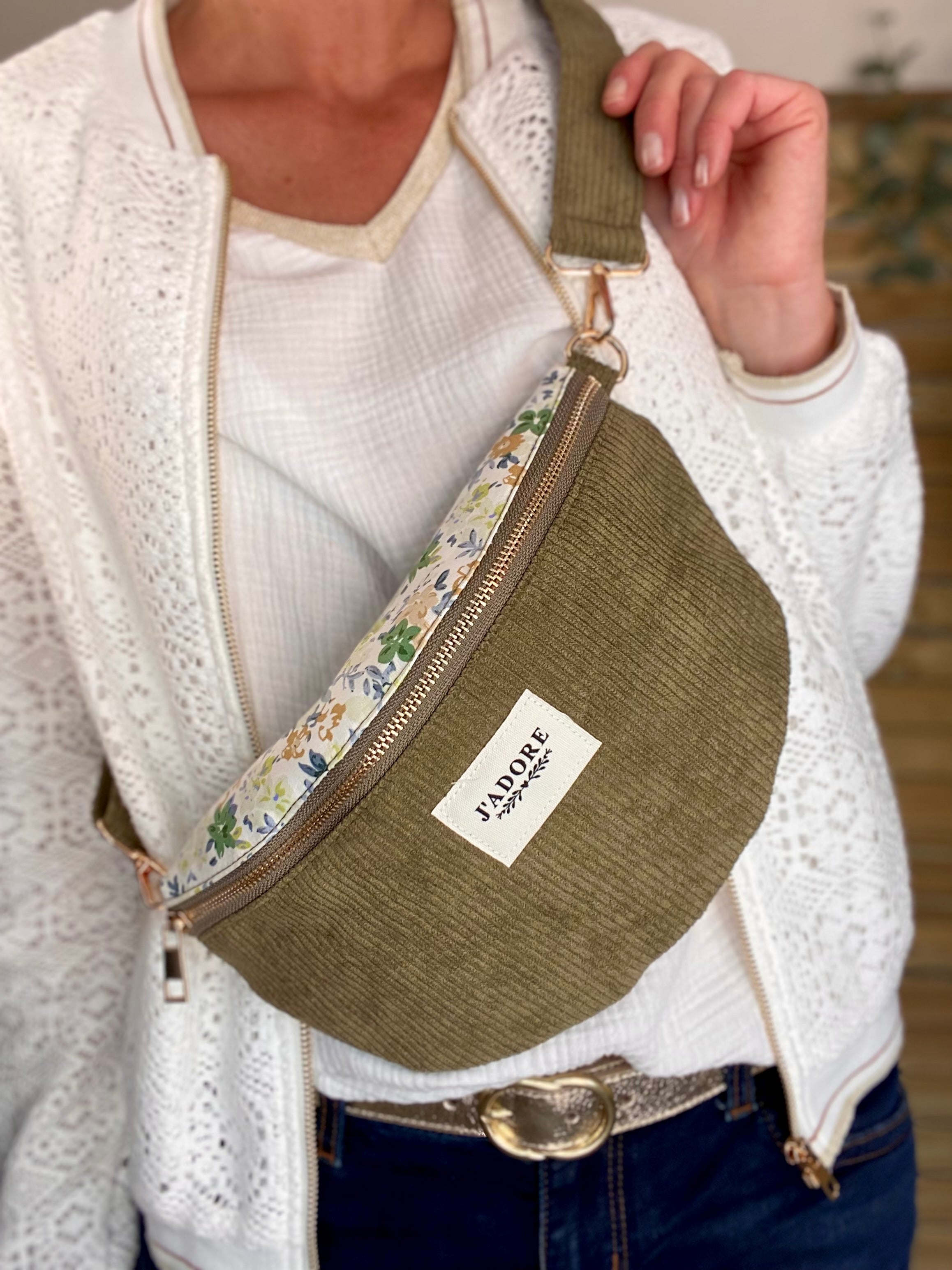 Sac banane «J’adore» Velours et Liberty - LESLIE - Kaki