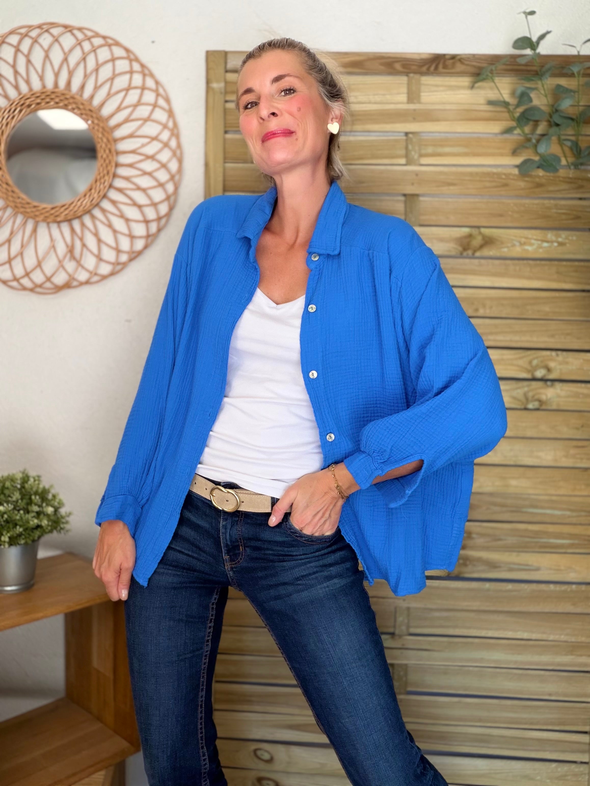 Chemise en gaze de coton unie FÉLICIA Bleu électrique