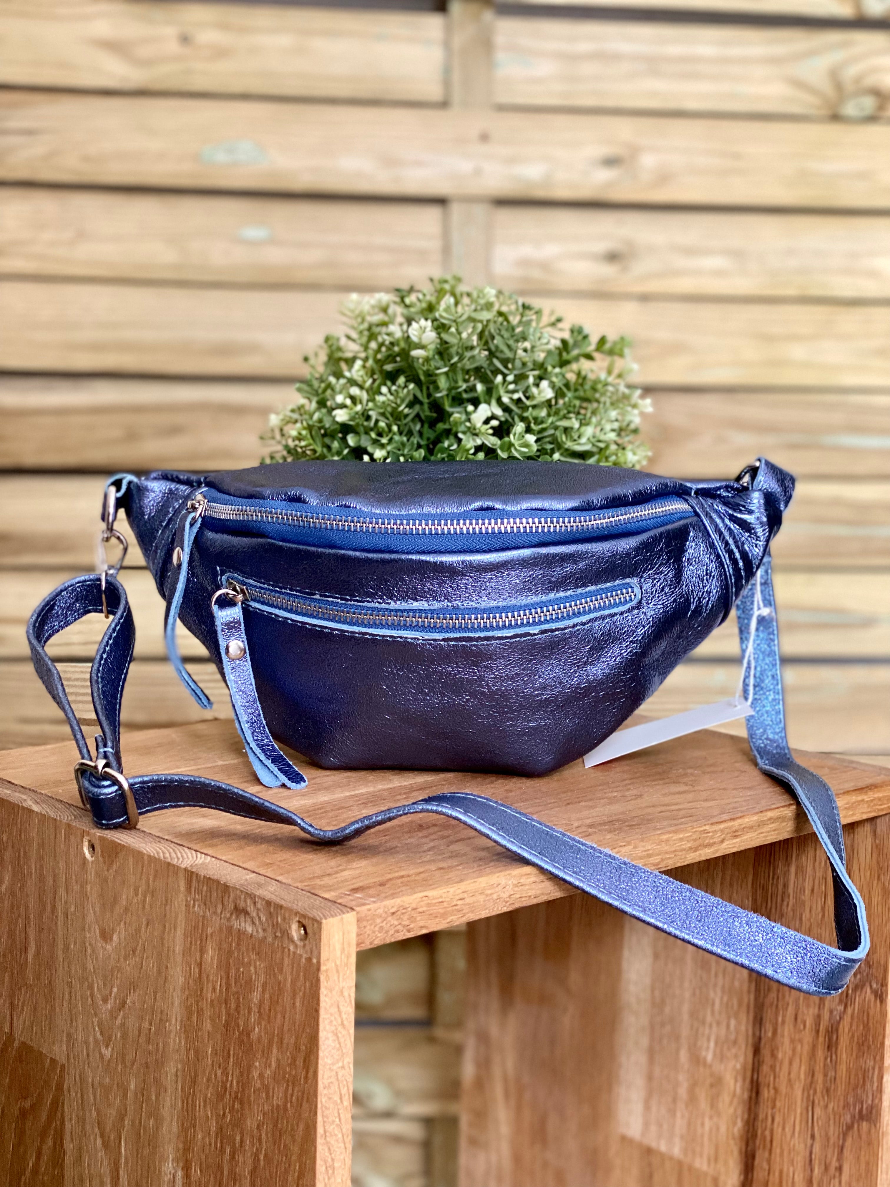 Sac banane en cuir irisé double poche - OPALE  - Bleu jean