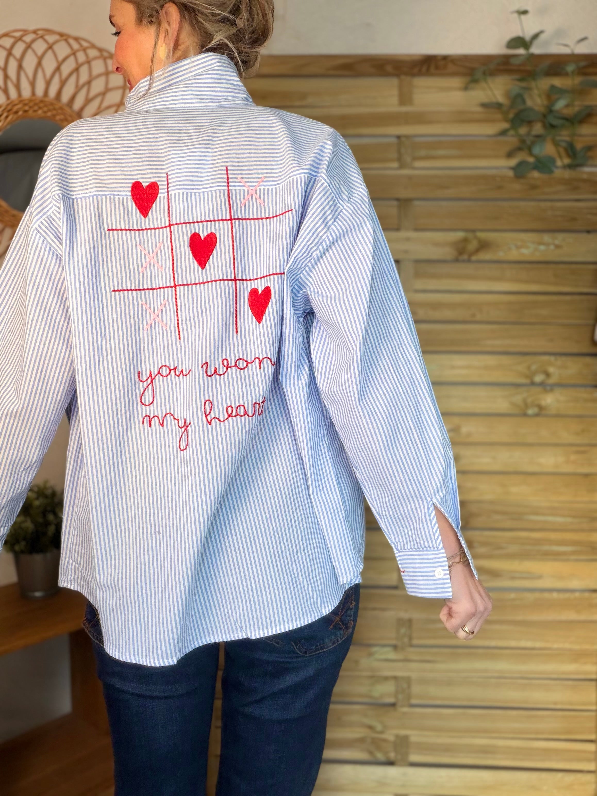 Chemise bleue rayée brodée YOU WON MY HEART ❤️ MAUREEN