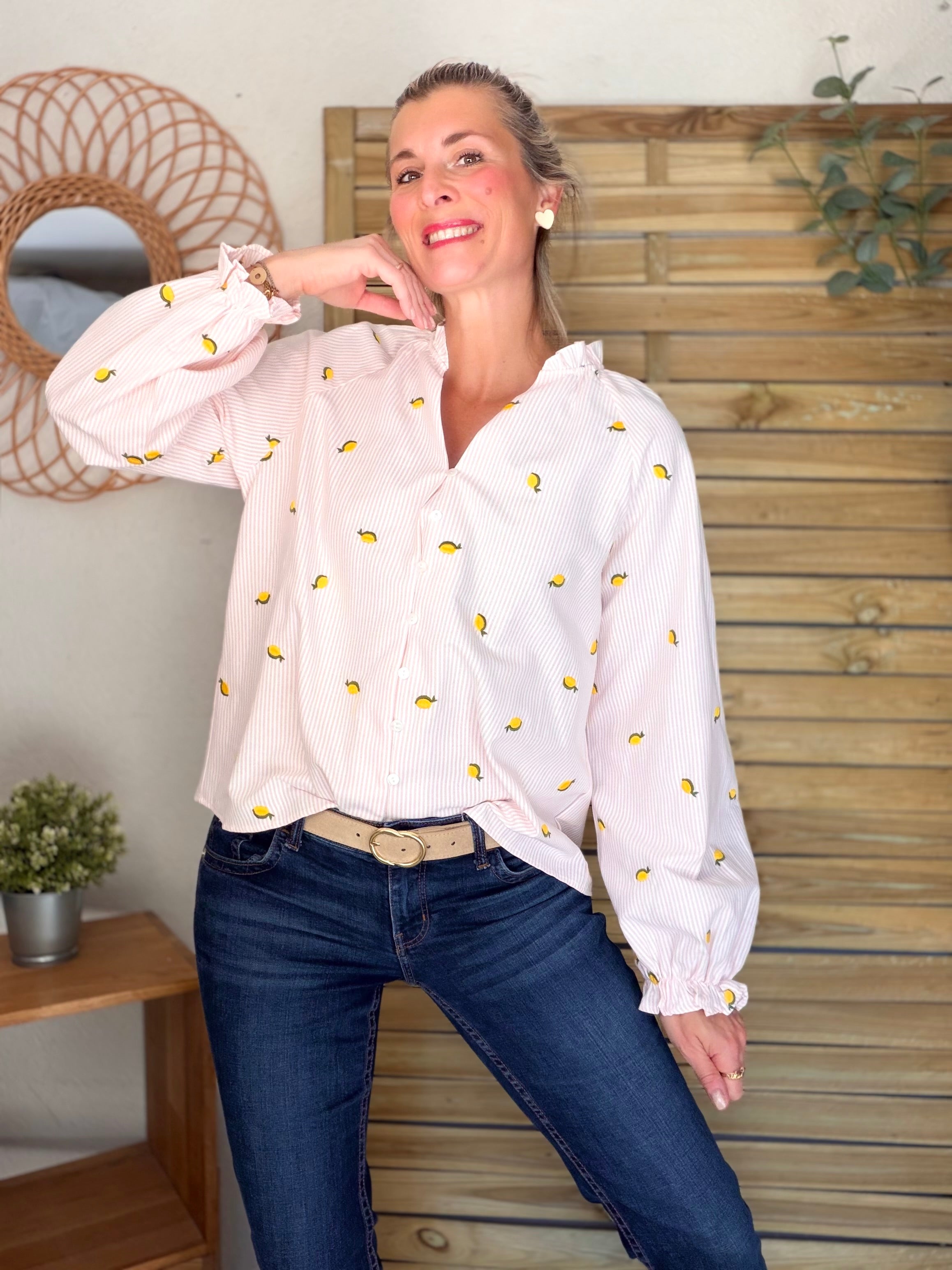 Blouse rayée rose avec citrons brodés 🍋 NICOLE