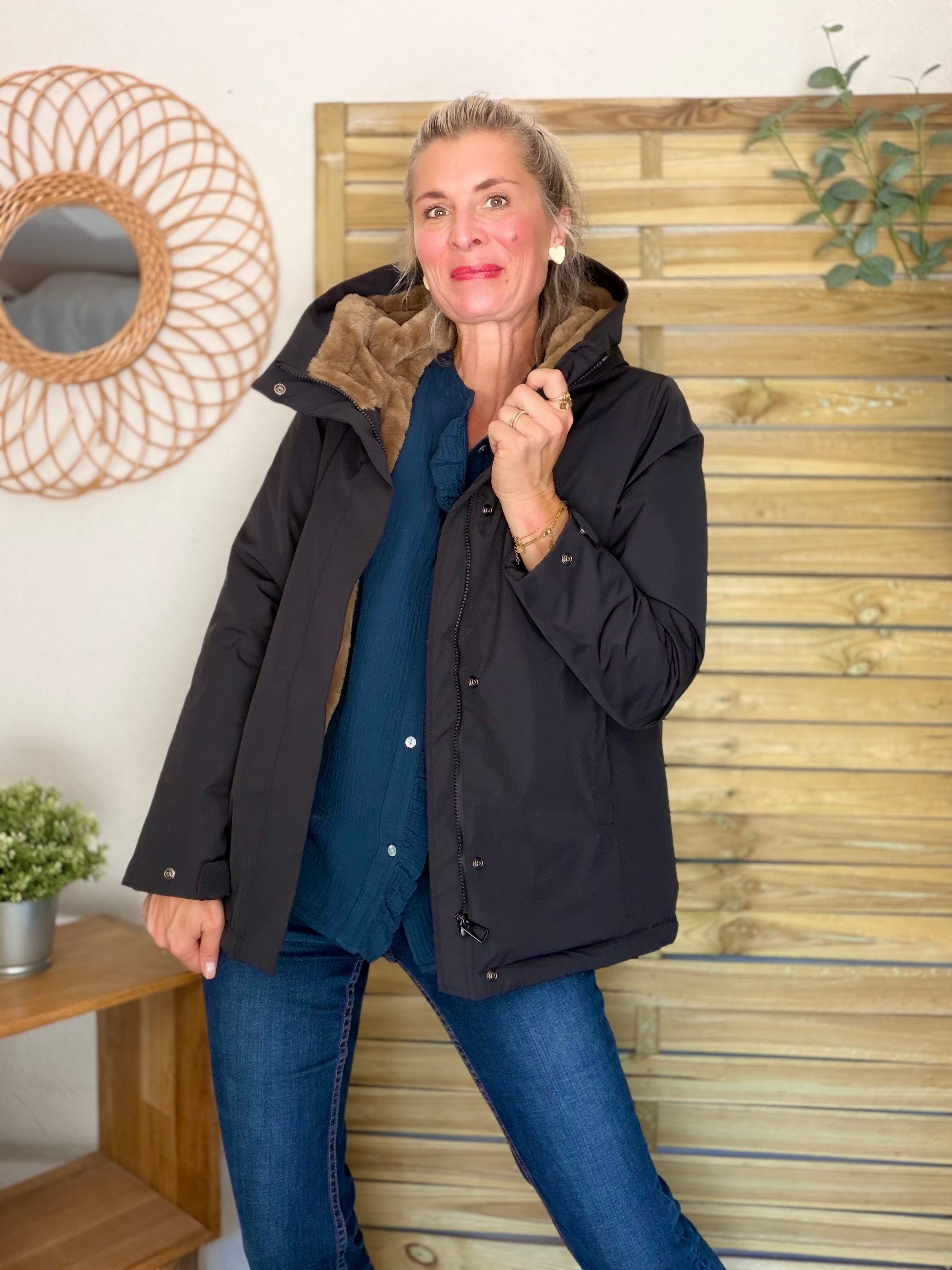 LAURA JO - Parka fourrée imperméable AMBRE MI-LONG - Noir / Camel
