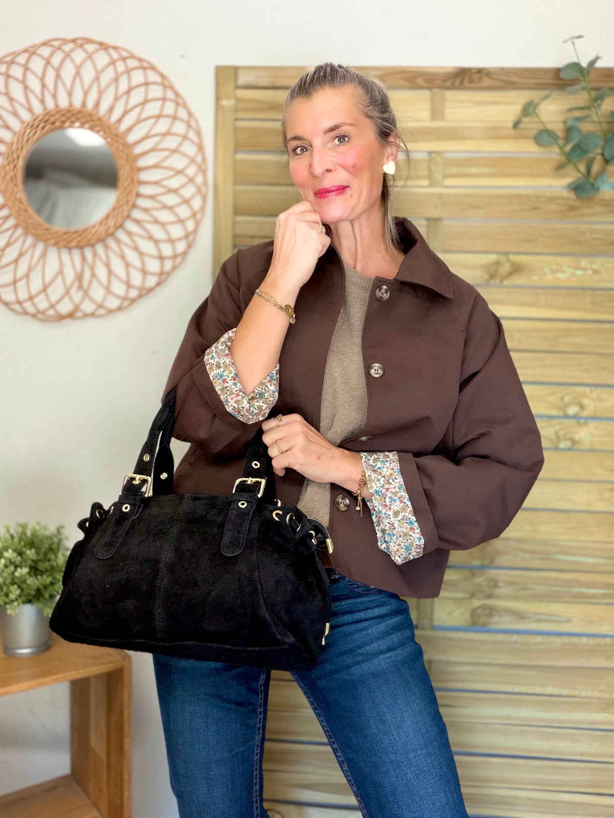 Sac à main en cuir daim GERY - Noir