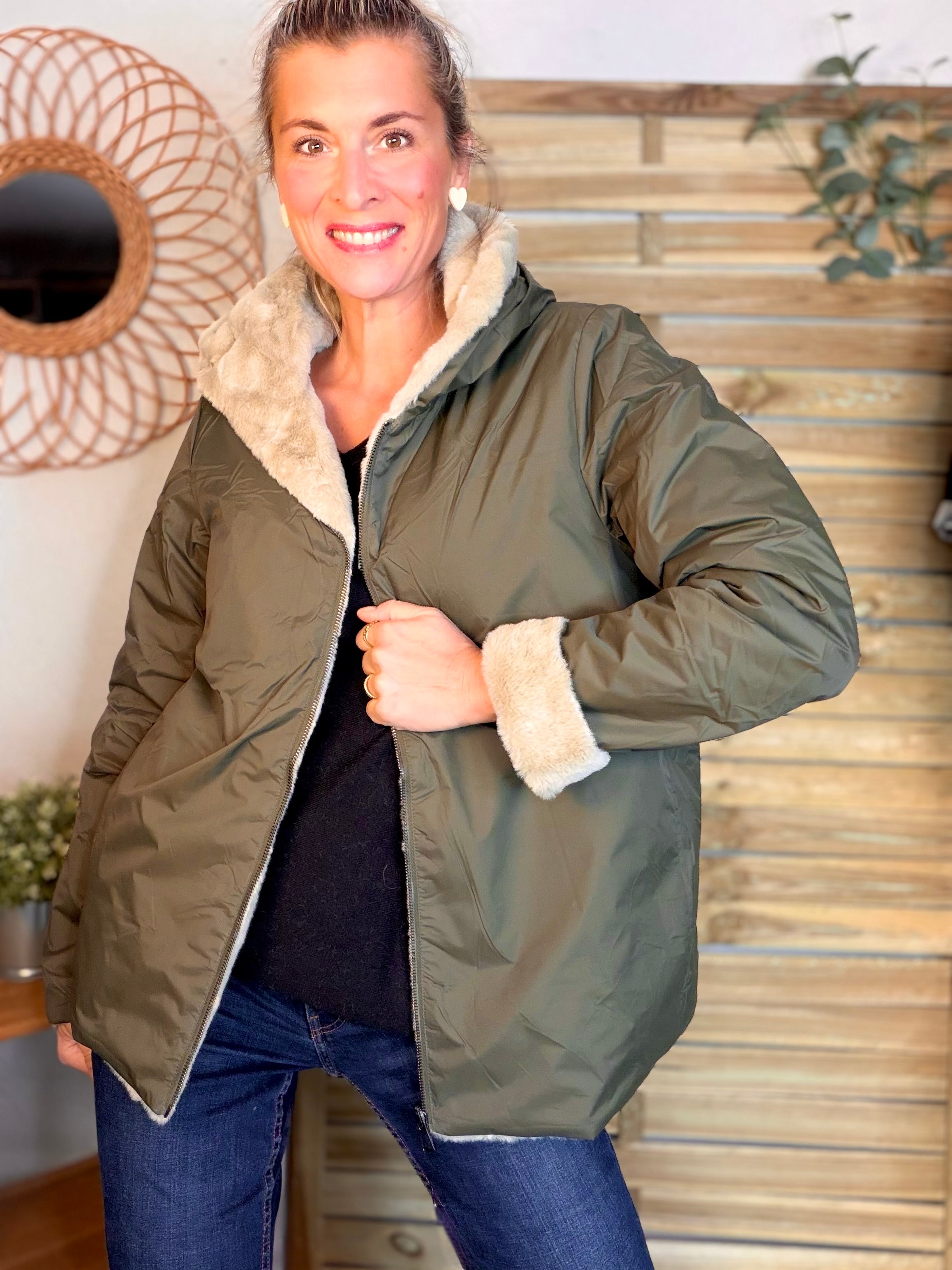 Parka Imperméable réversible fourrée Kaki / Beige ALIX Court - LAURA JO
