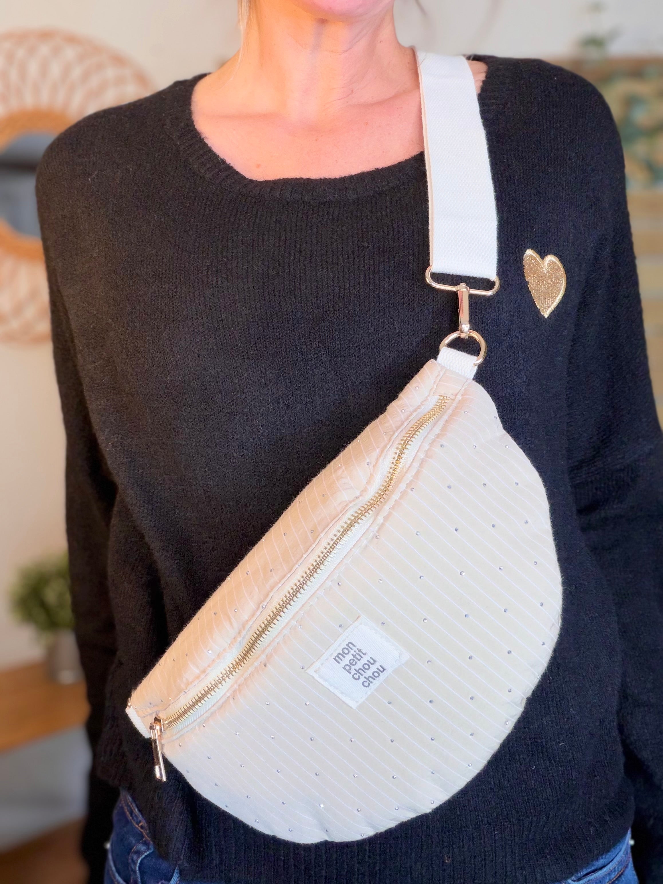 Sac banane avec strass BONNIE - Rayée beige