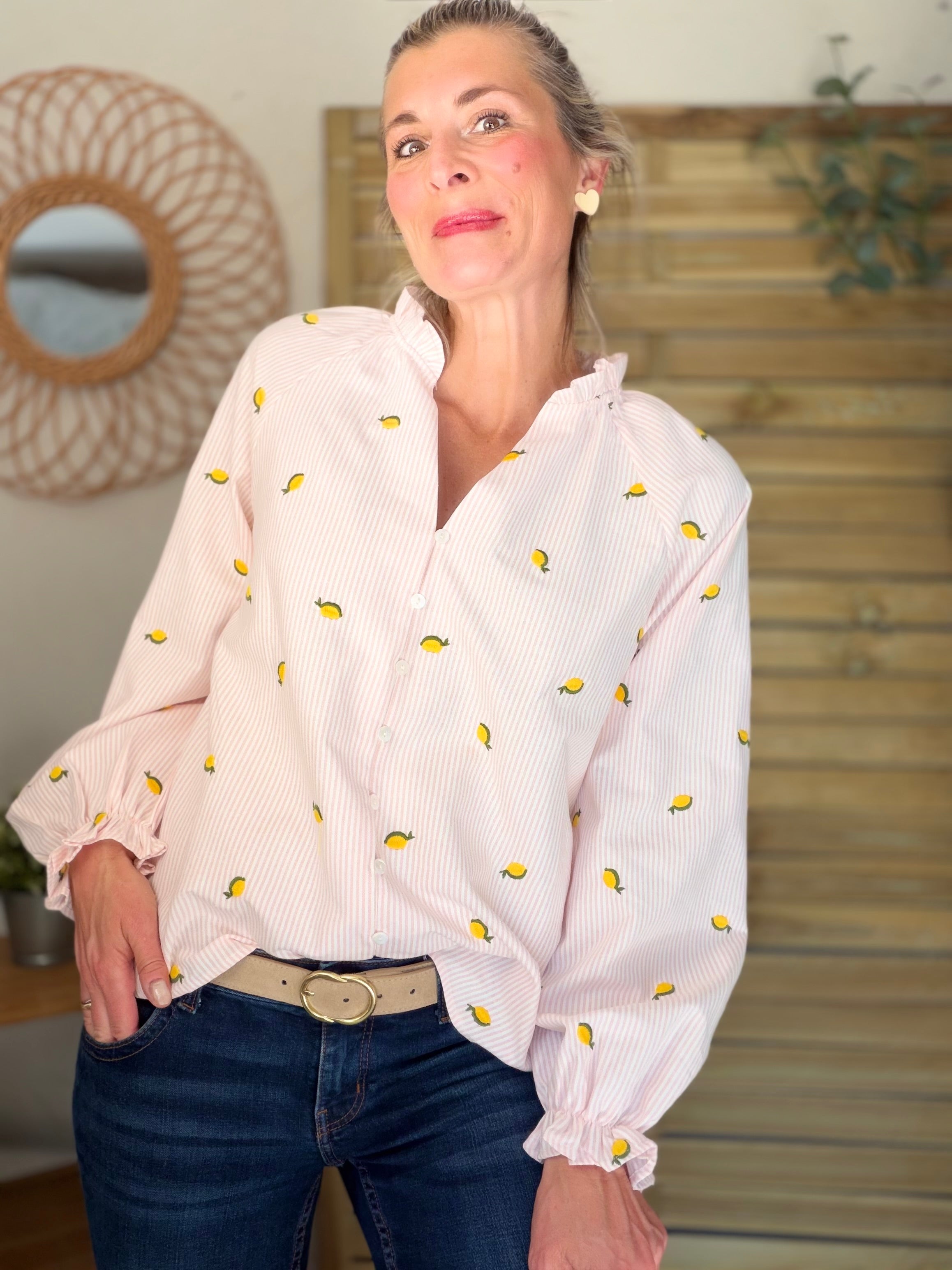 Blouse rayée rose avec citrons brodés 🍋 NICOLE