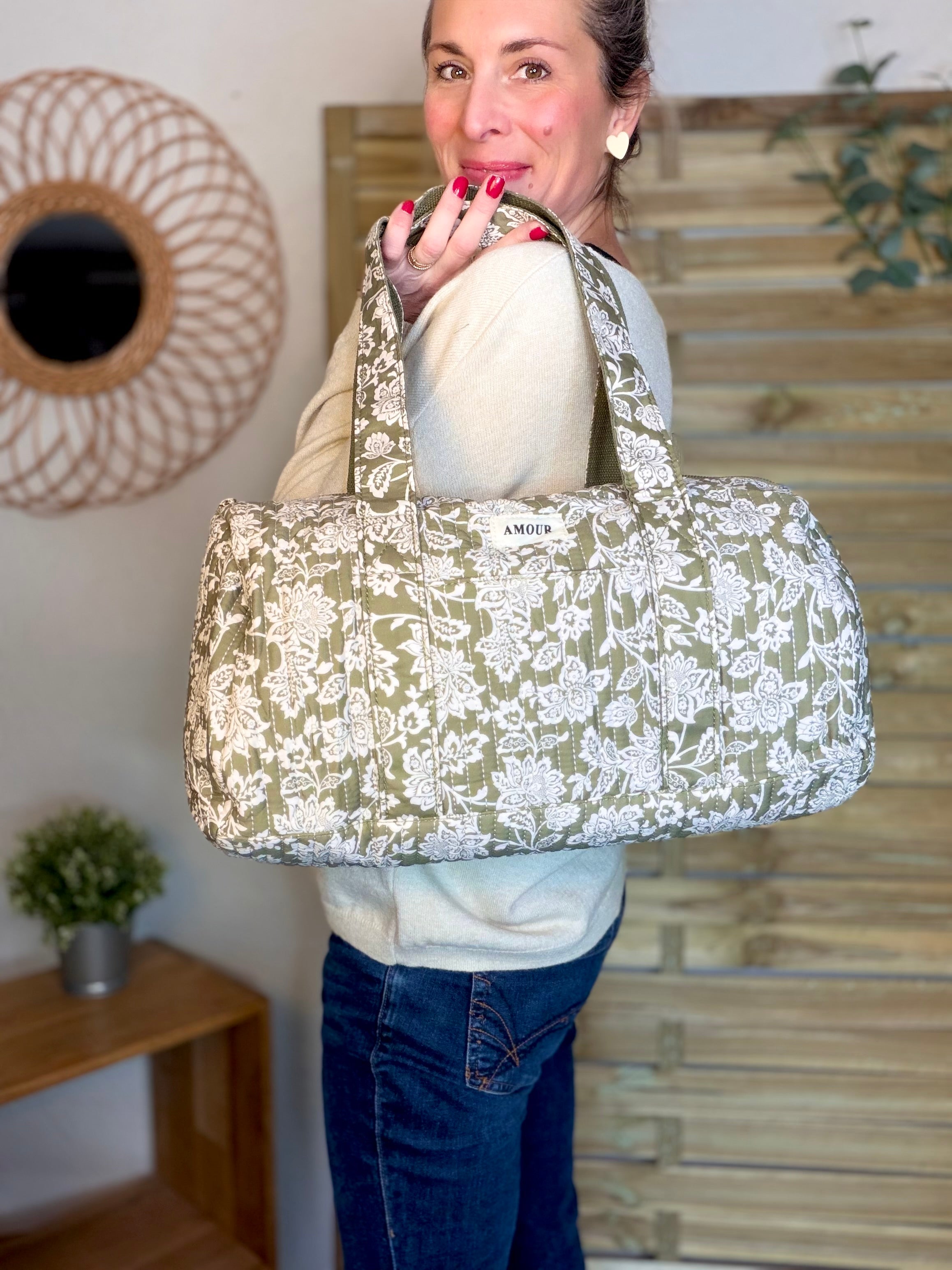 Sac polochon imprimé TARA - Fleuri Kaki