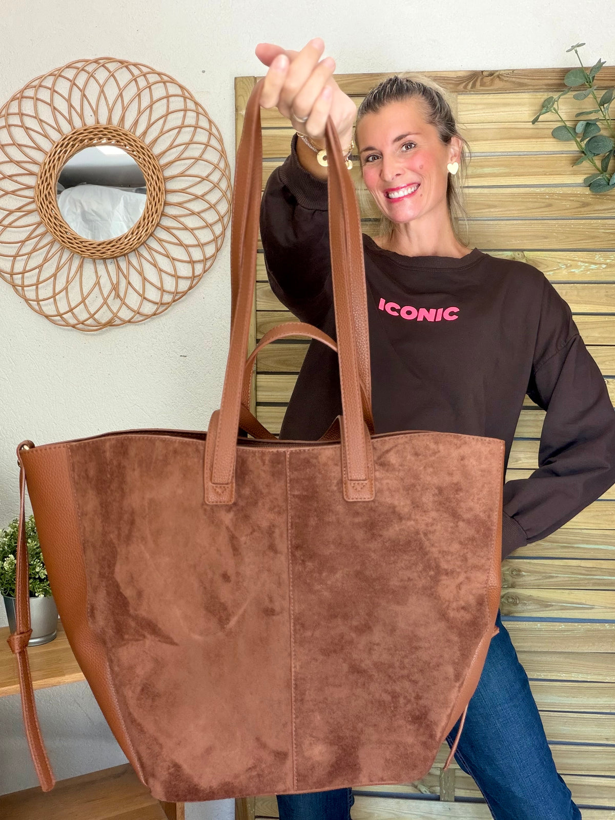 Grand Sac cabas 2 en 1 en simili daim - LAURÈNE Camel