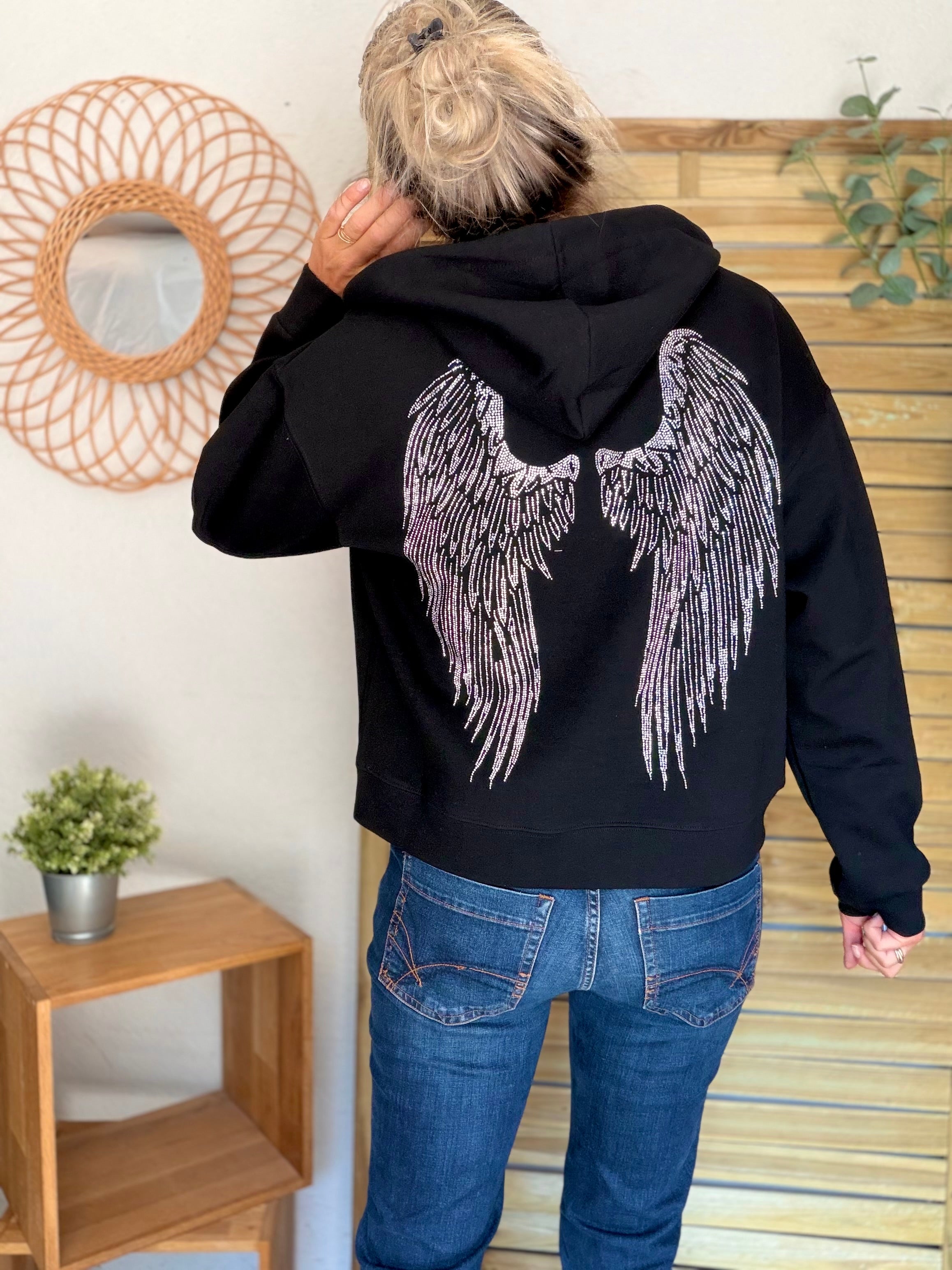 Hoodie sweat gilet strass (ailes) CLOTHILDE - Noir