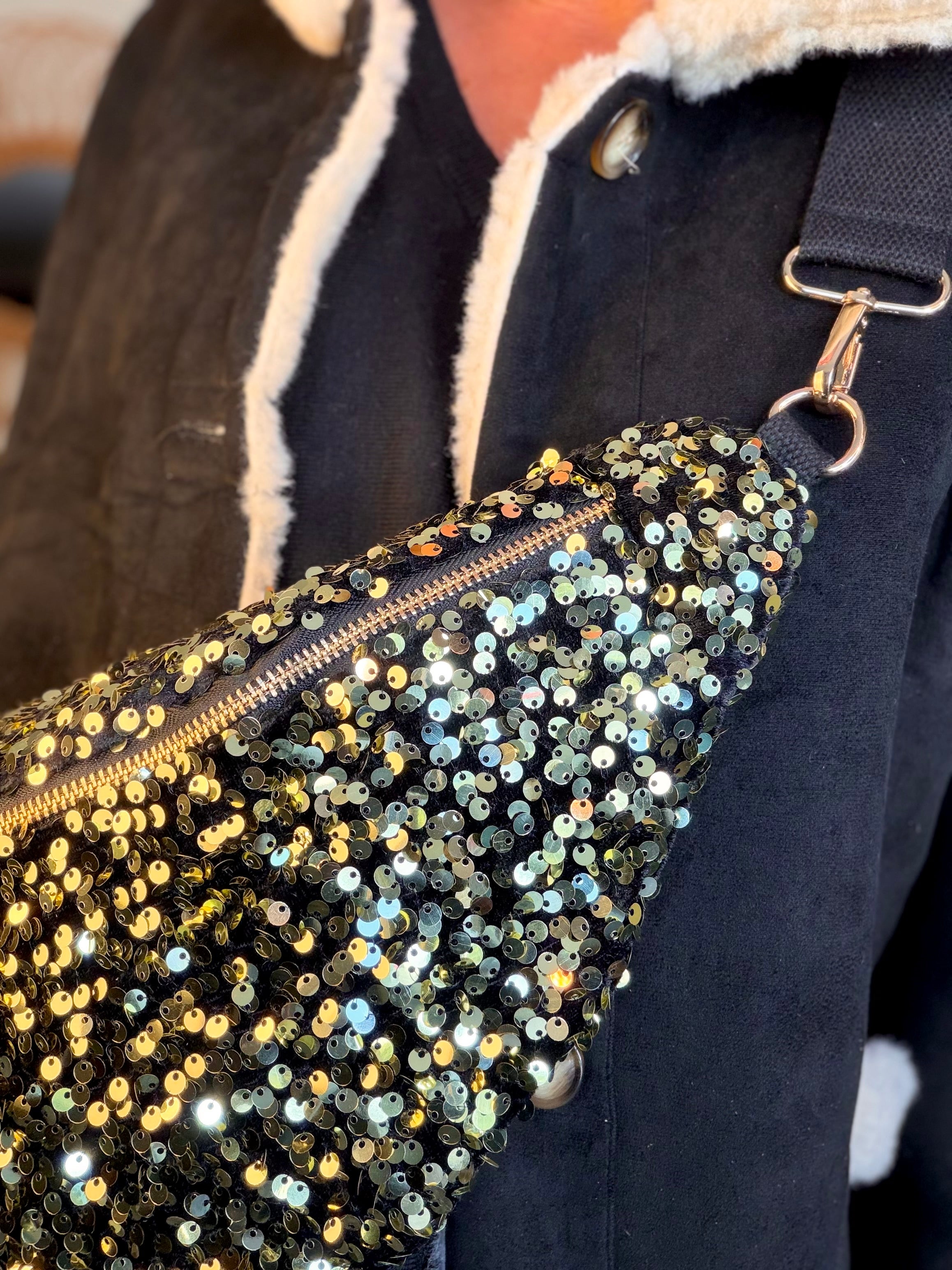 Sac banane L velours à sequins Ciao Boum - TAYLOR - Noir à sequins dorés