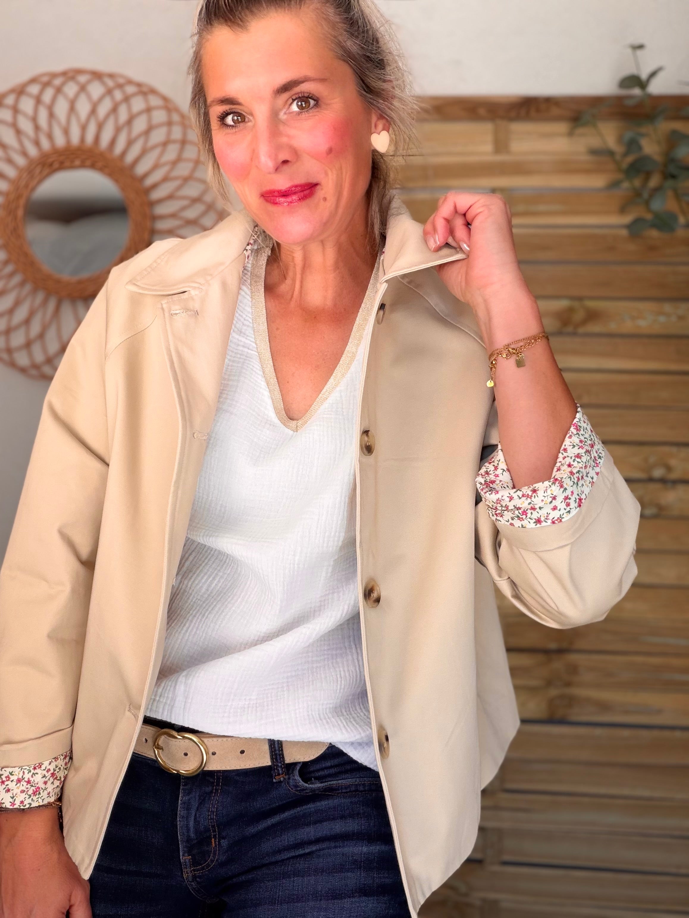 Veste Trench en coton avec Liberty - JOHAN Beige