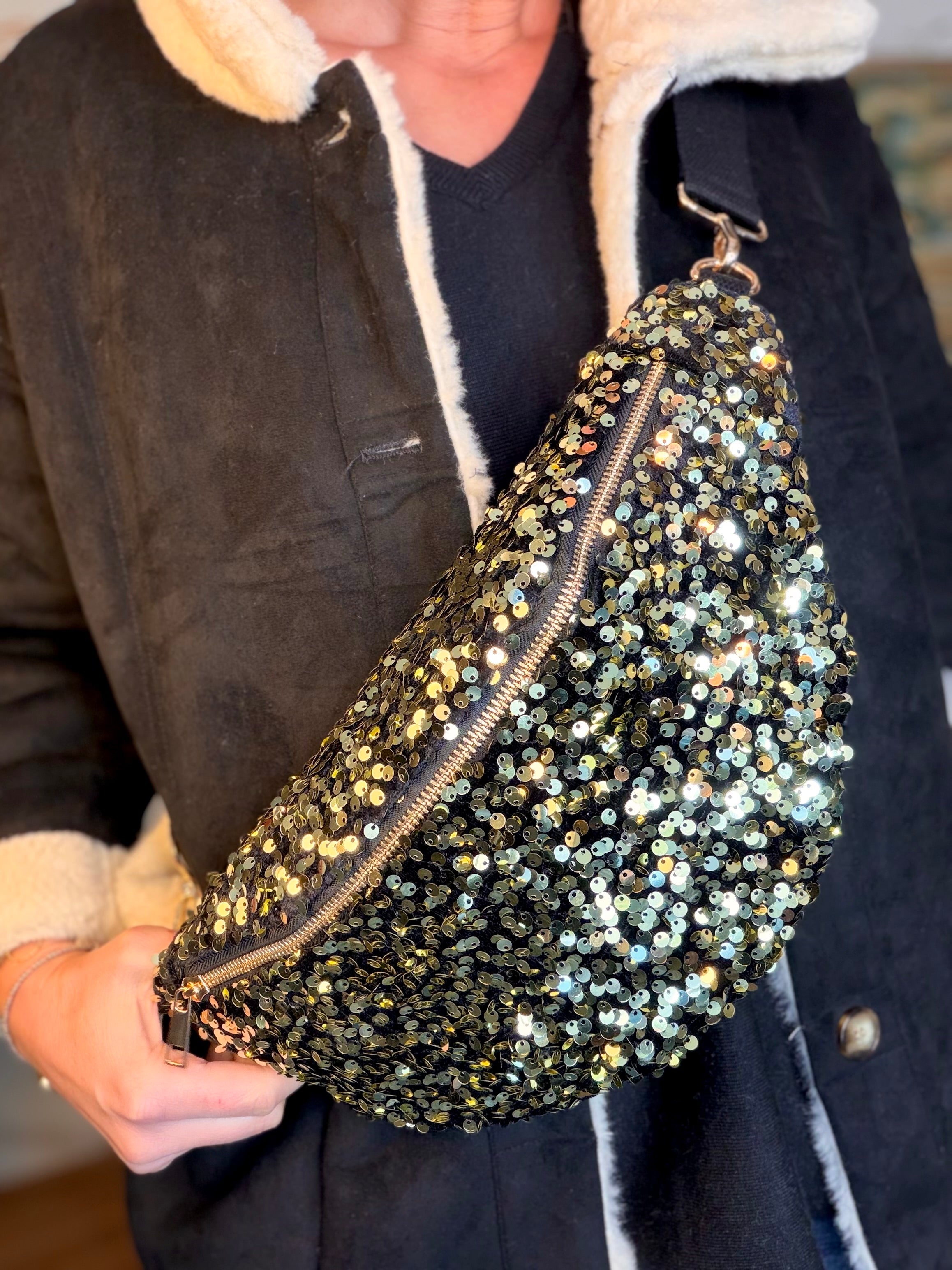 Sac banane L velours à sequins Ciao Boum - TAYLOR - Noir à sequins dorés
