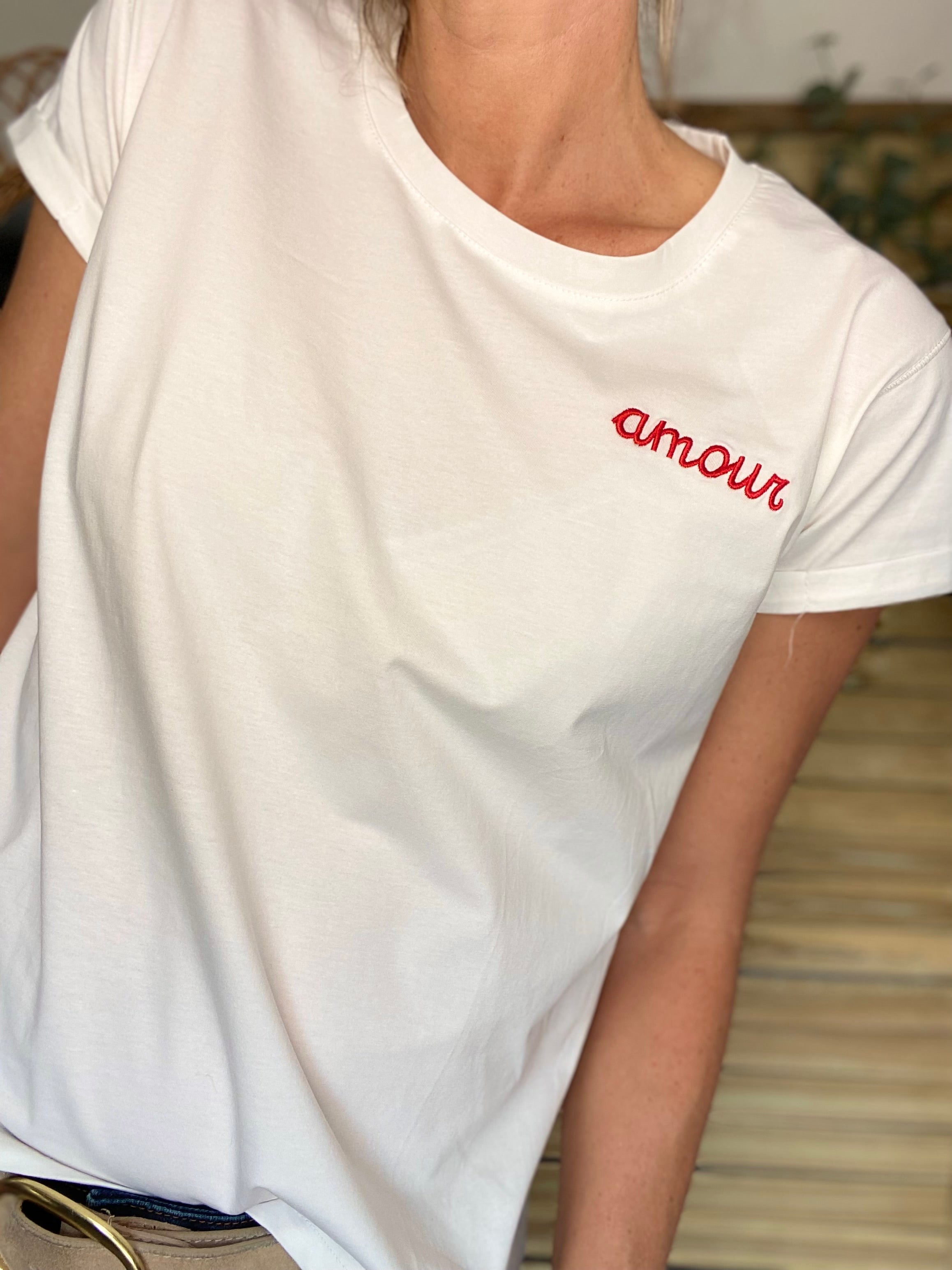 Tee shirt Écru amour brodé Rouge - MARIA