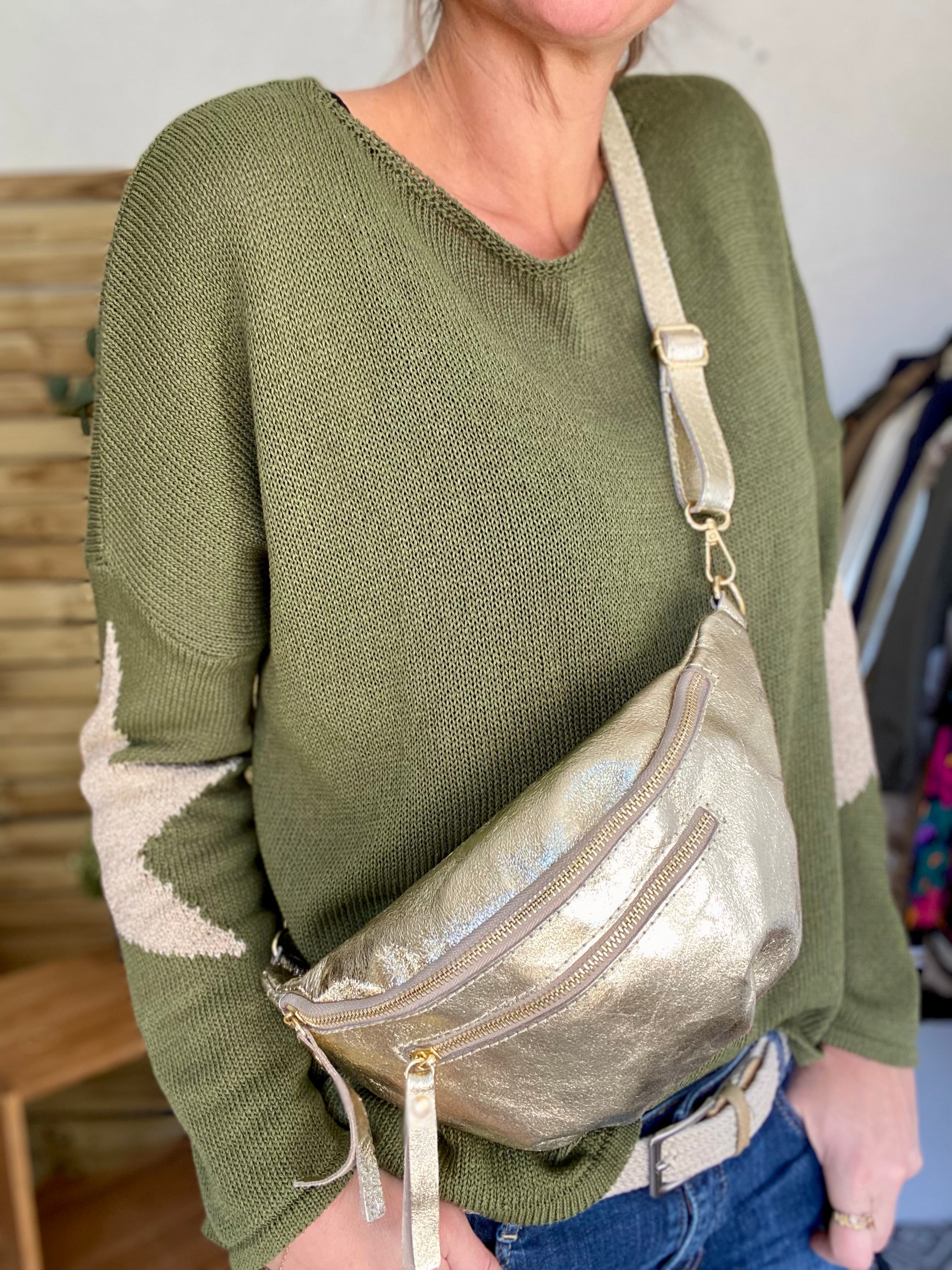 Sac banane en cuir irisé double poche - OPALE - Dorée