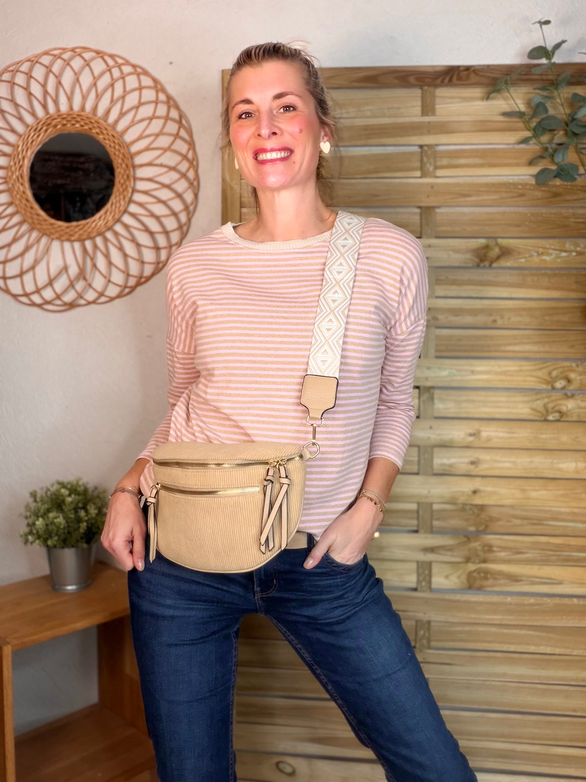 Sac banane en velours côtelé, sangle fantaisie - KATY - Camel clair