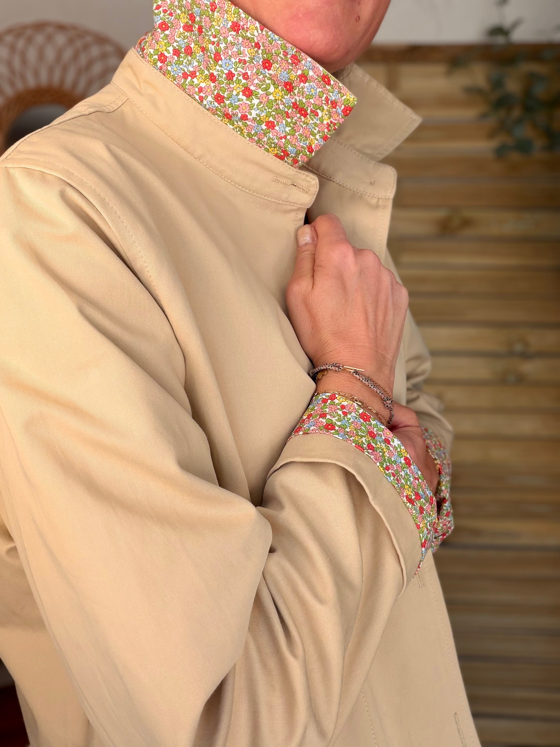 Veste Trench avec volants et Liberty, en coton beige HERMIONE - LILI et LALA