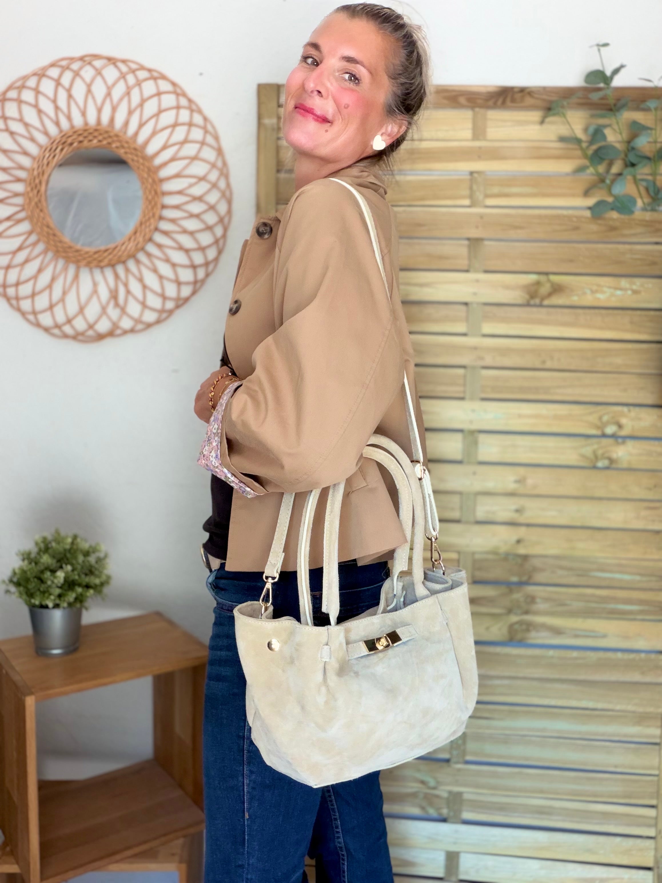 Sac cabas en cuir daim HANA - Beige