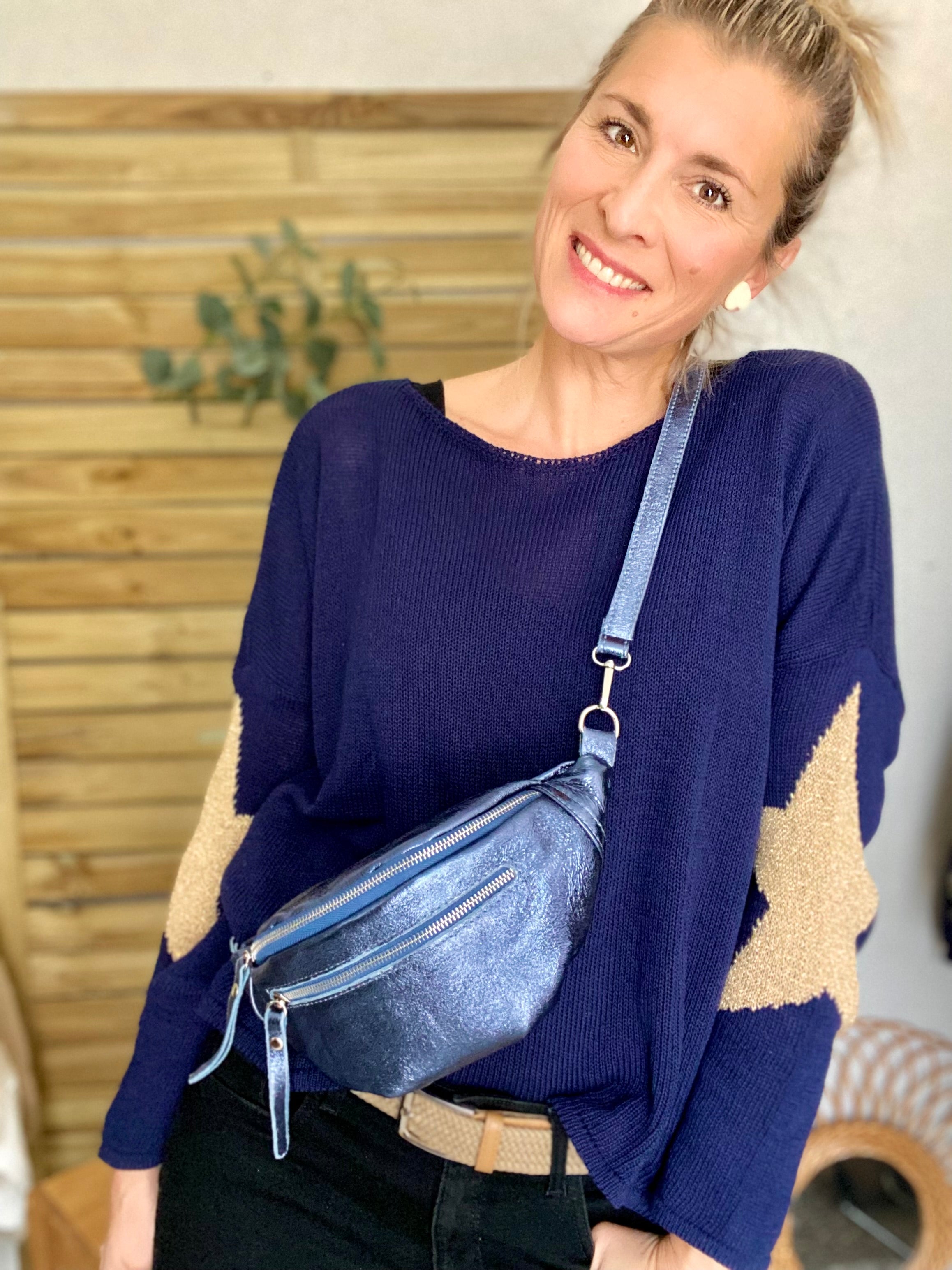 Sac banane en cuir irisé double poche - OPALE  - Bleu jean