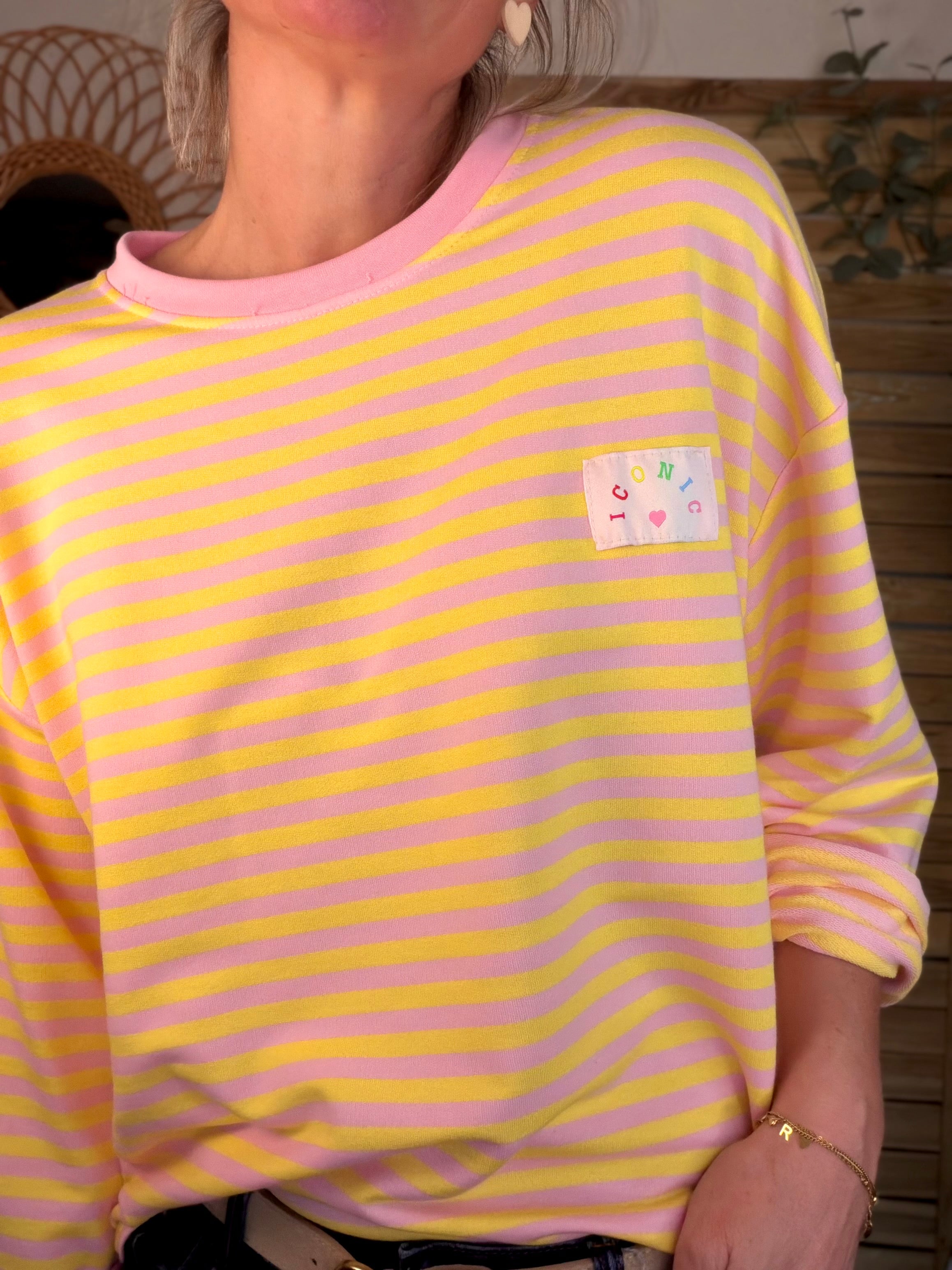 Sweat fin rayé ample Iconic CORALIE - Rose / Jaune