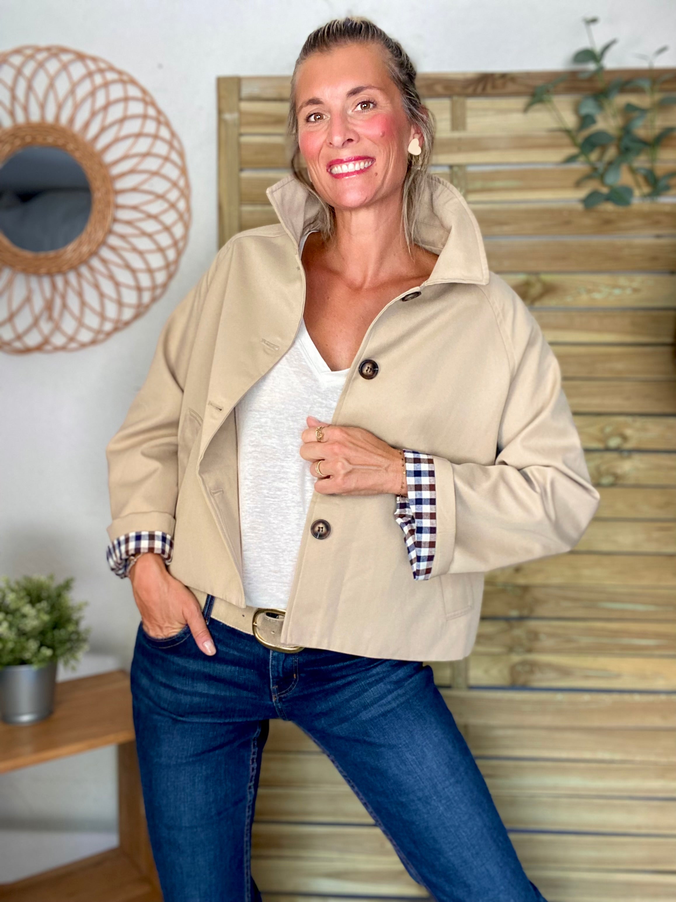 Veste Trench en coton beige avec vichy - YSEULT