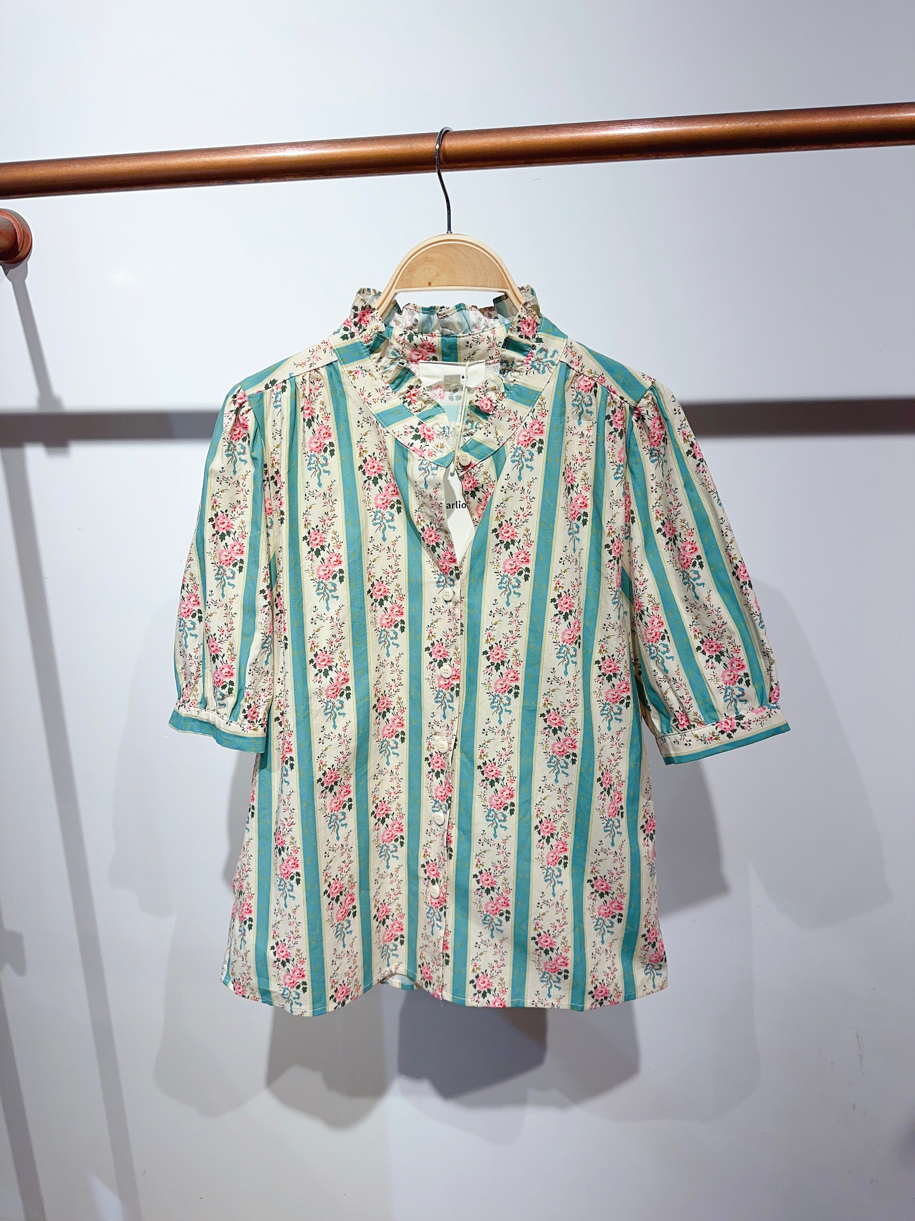 Blouse fleurie rayures VALENTINE vert céladon