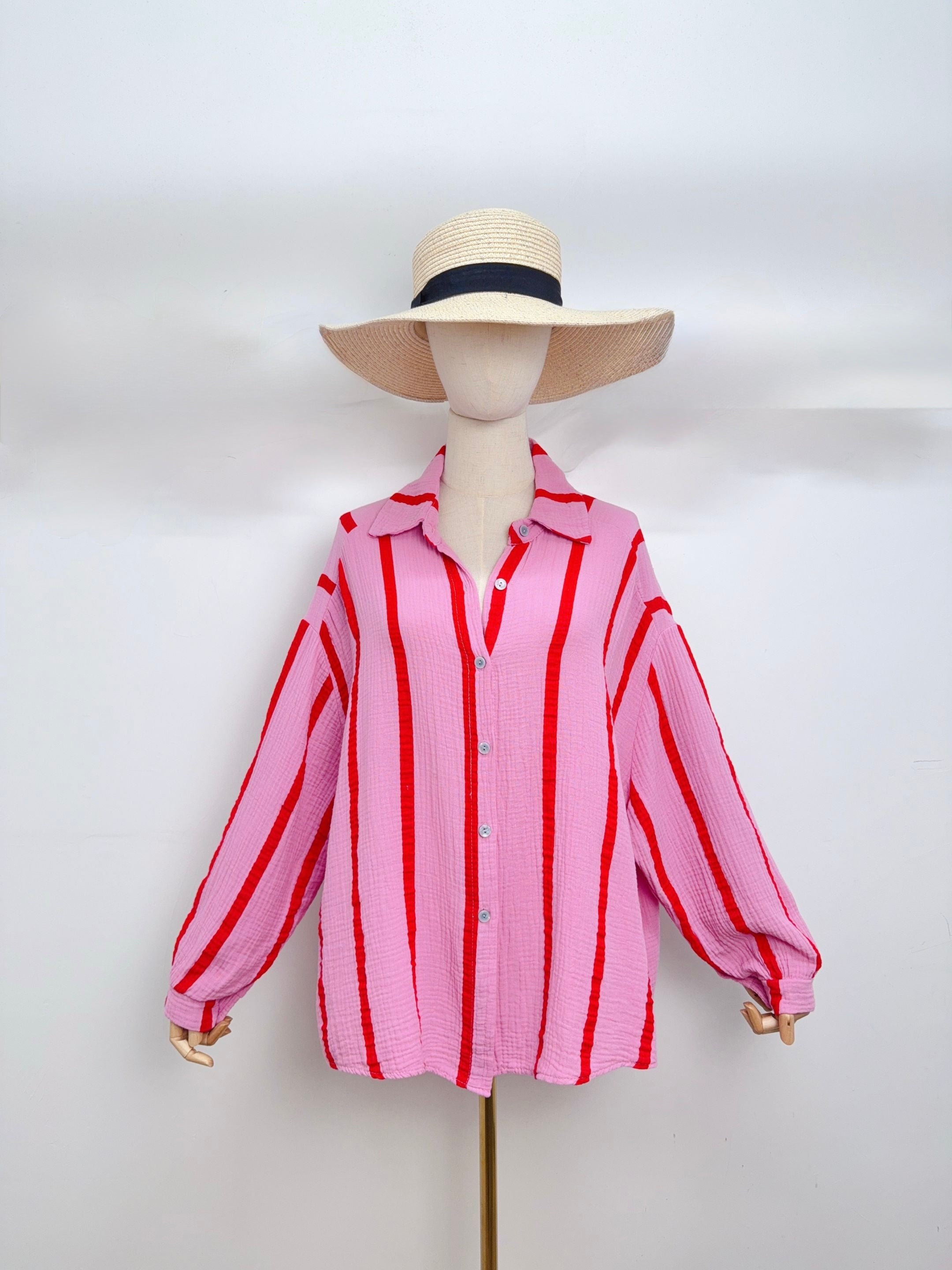 Chemise en gaze de coton rayé FÉLICIE Rose rouge