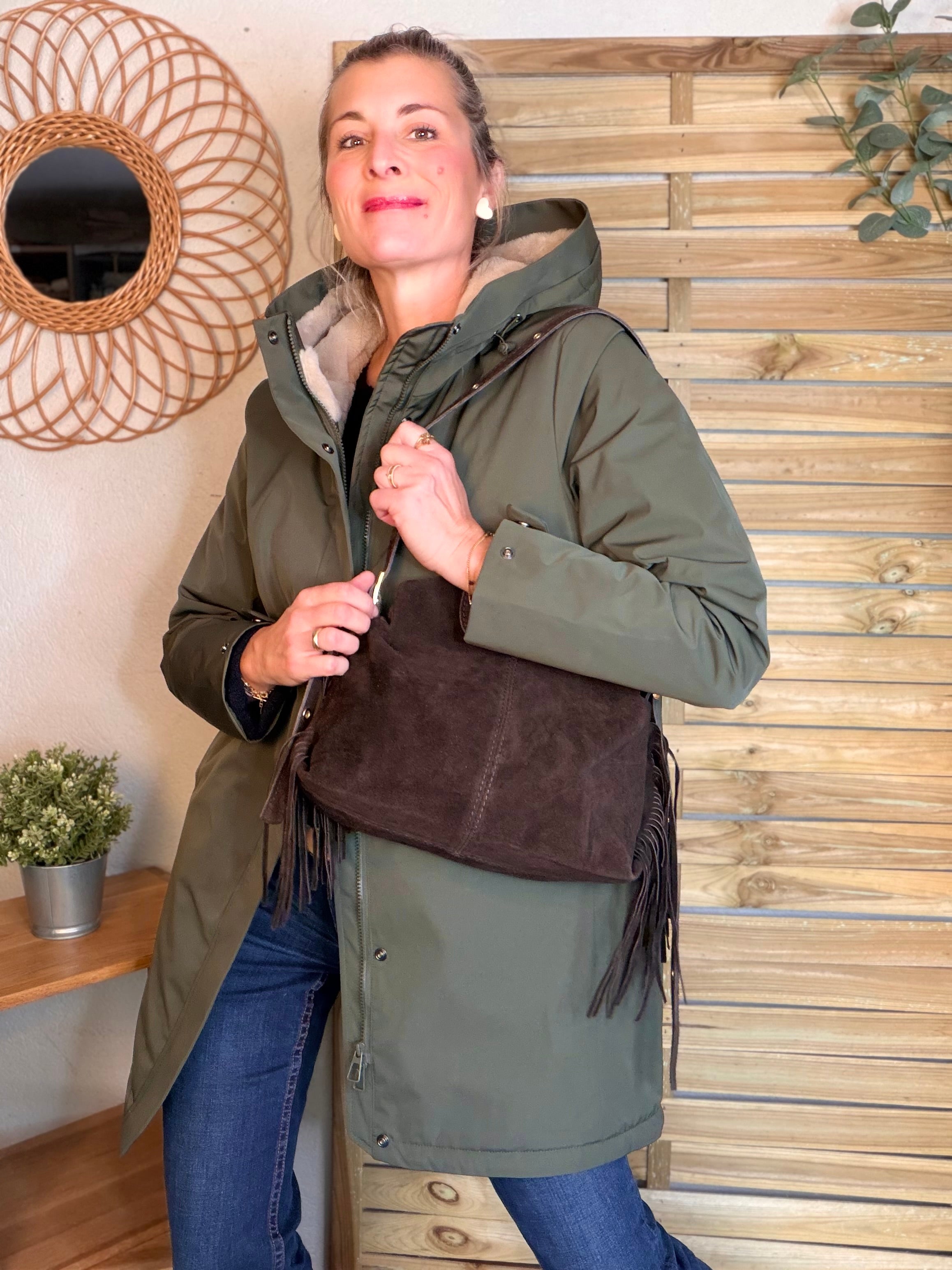 Sac en cuir daim avec franges LOGAN - Chocolat