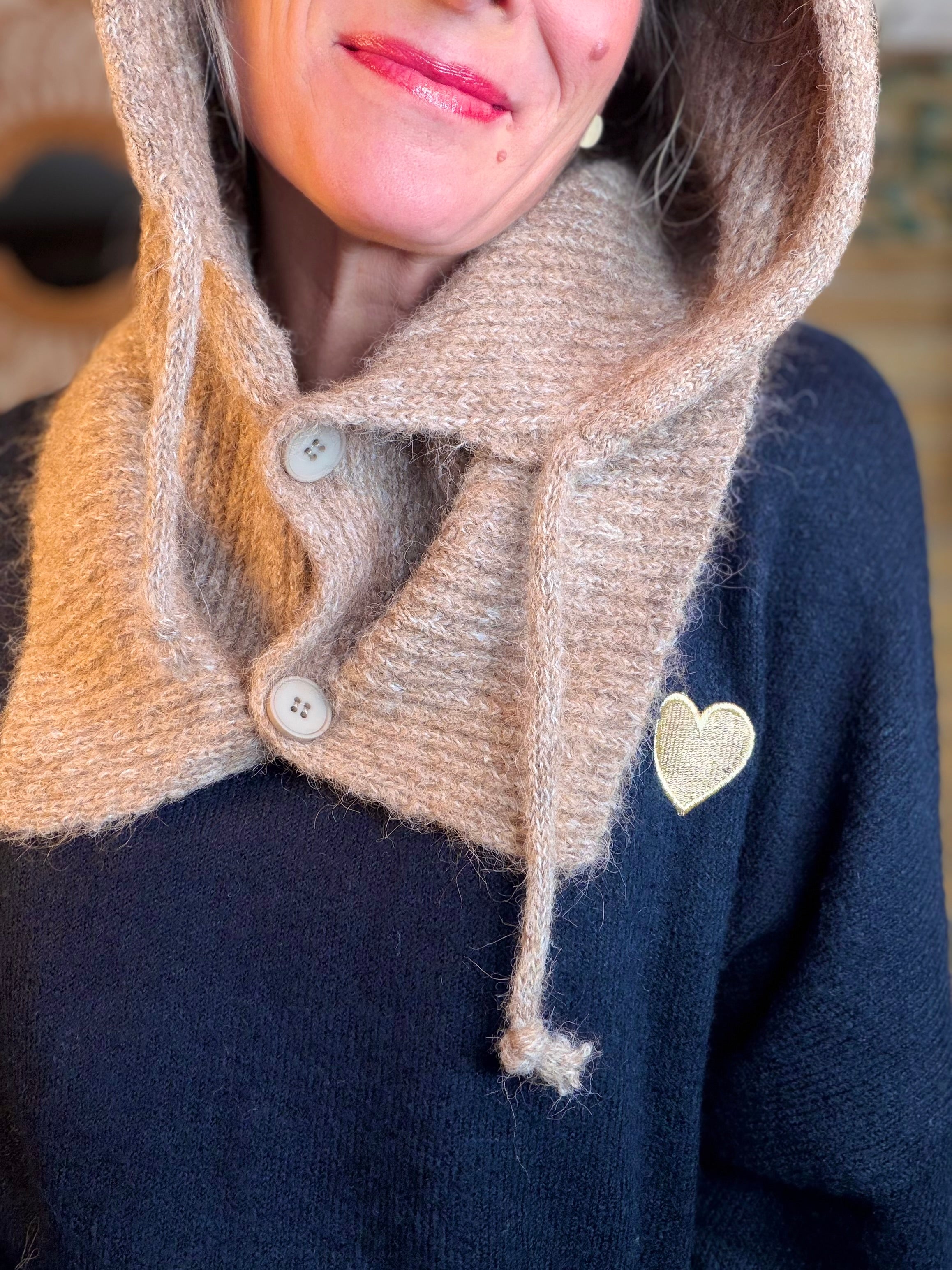 Col cagoule LORIE en maille avec bouton - Taupe