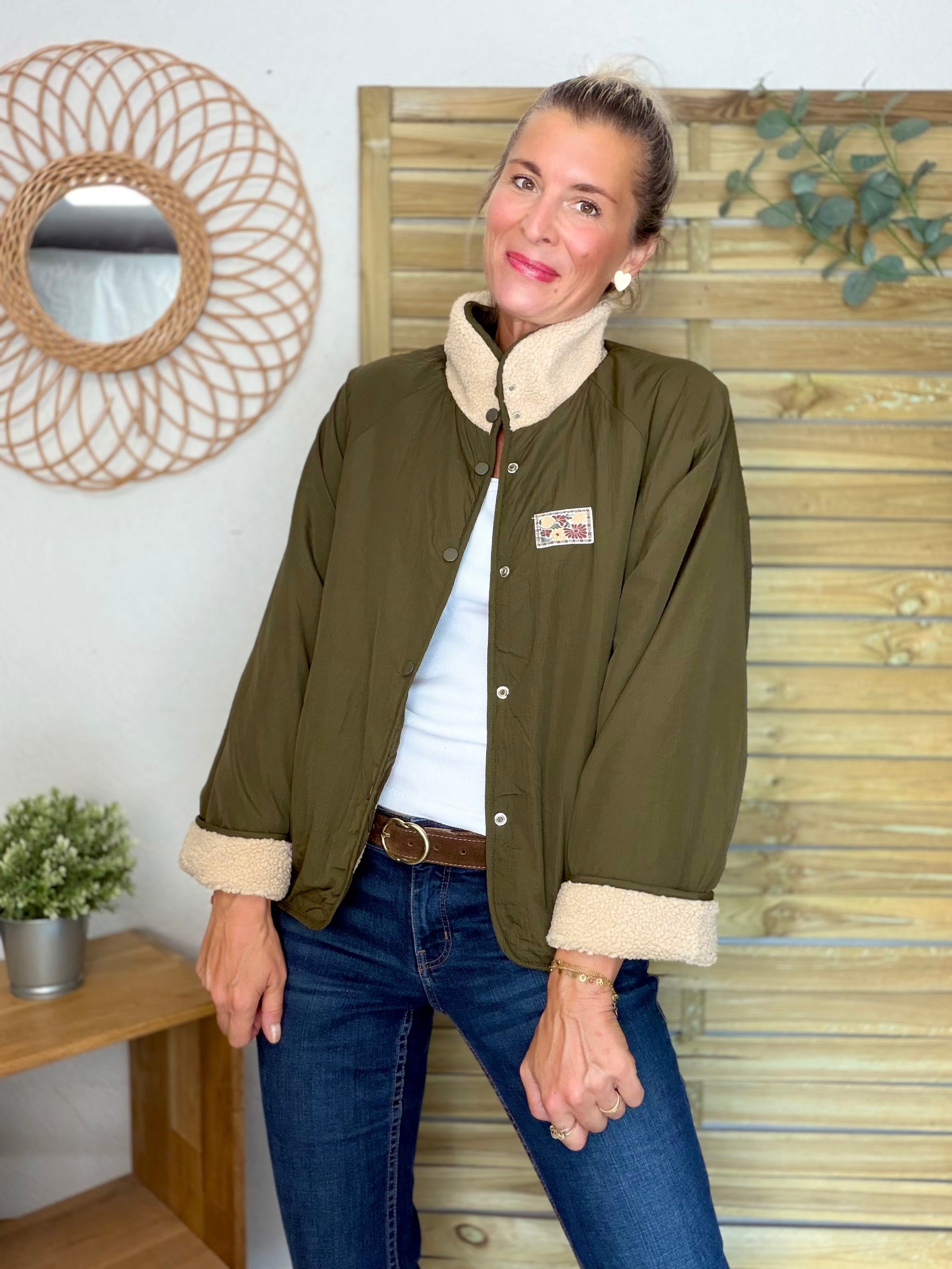 Veste matelassée réversible Sherpa AMÉLIE Kaki / Beige