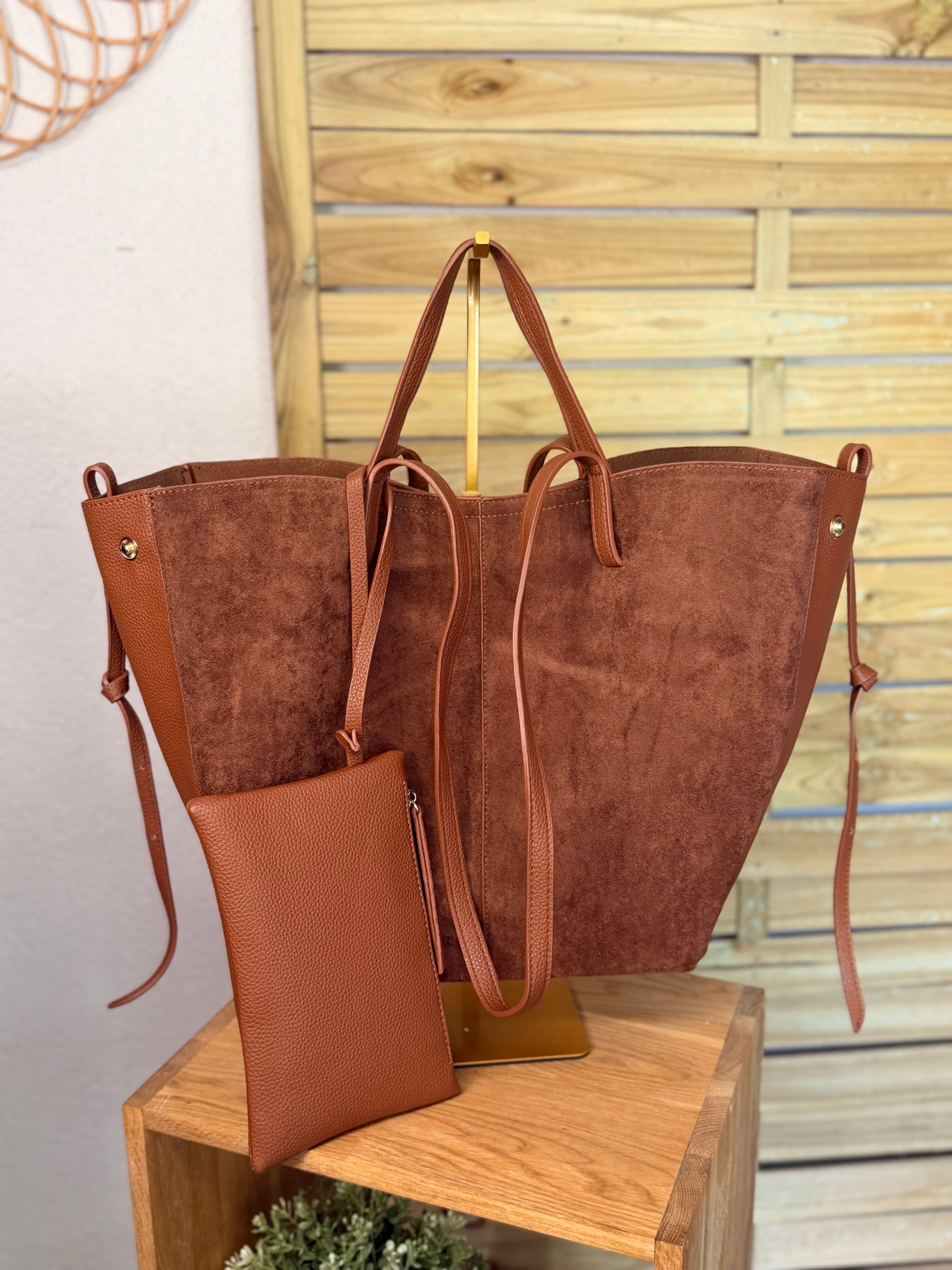 Grand Sac cabas 2 en 1 en simili daim - PAULE Camel